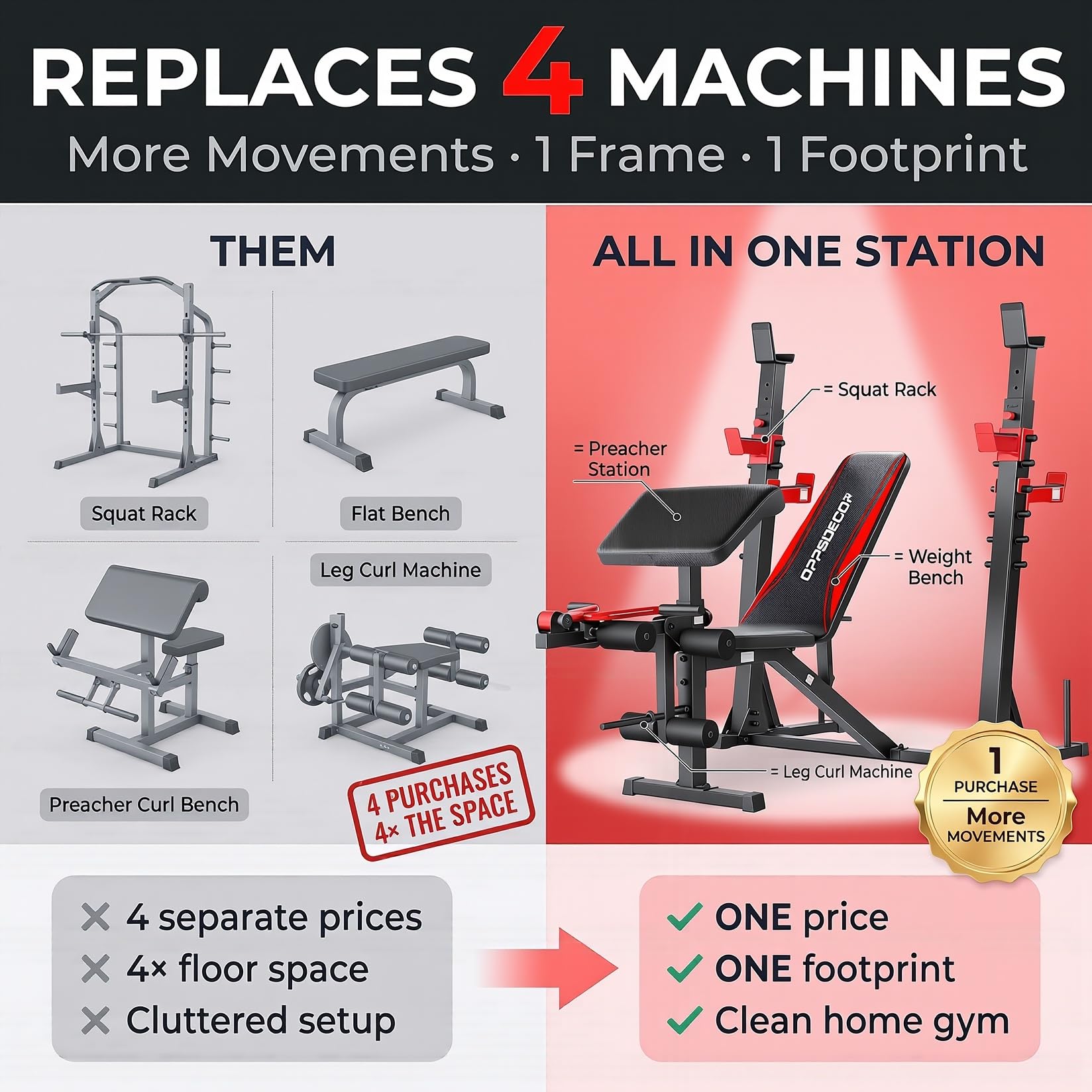 OPPSDECOR 3.0 Pro Weight Bench Set for Home Gym, ASTM-Certified 900 LBS Bench Press Set with Leg Extension, Preacher Curl Pad, Barbell Rack, J-Hooks and Safety Bar Catches for Full Body Workout