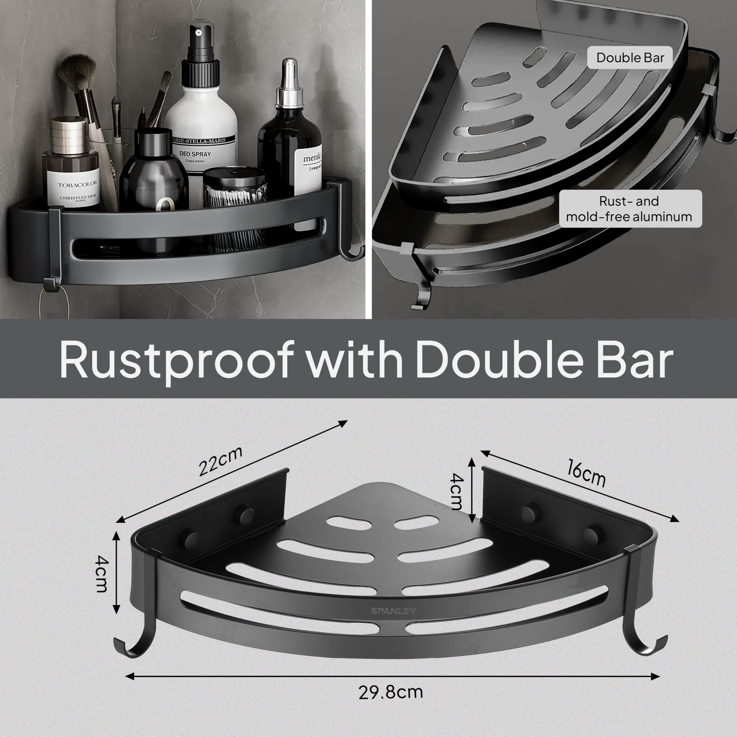 Spanley Corner Adhesive Shower Caddy, SUS304 Stainless Rustproof with Double Bar & 5 Hooks, Kitchen and Shower Room Organizer, No Drilling Wall Mounted Towel Rack Shelves, Shelf Holder, Black, 2-Pack