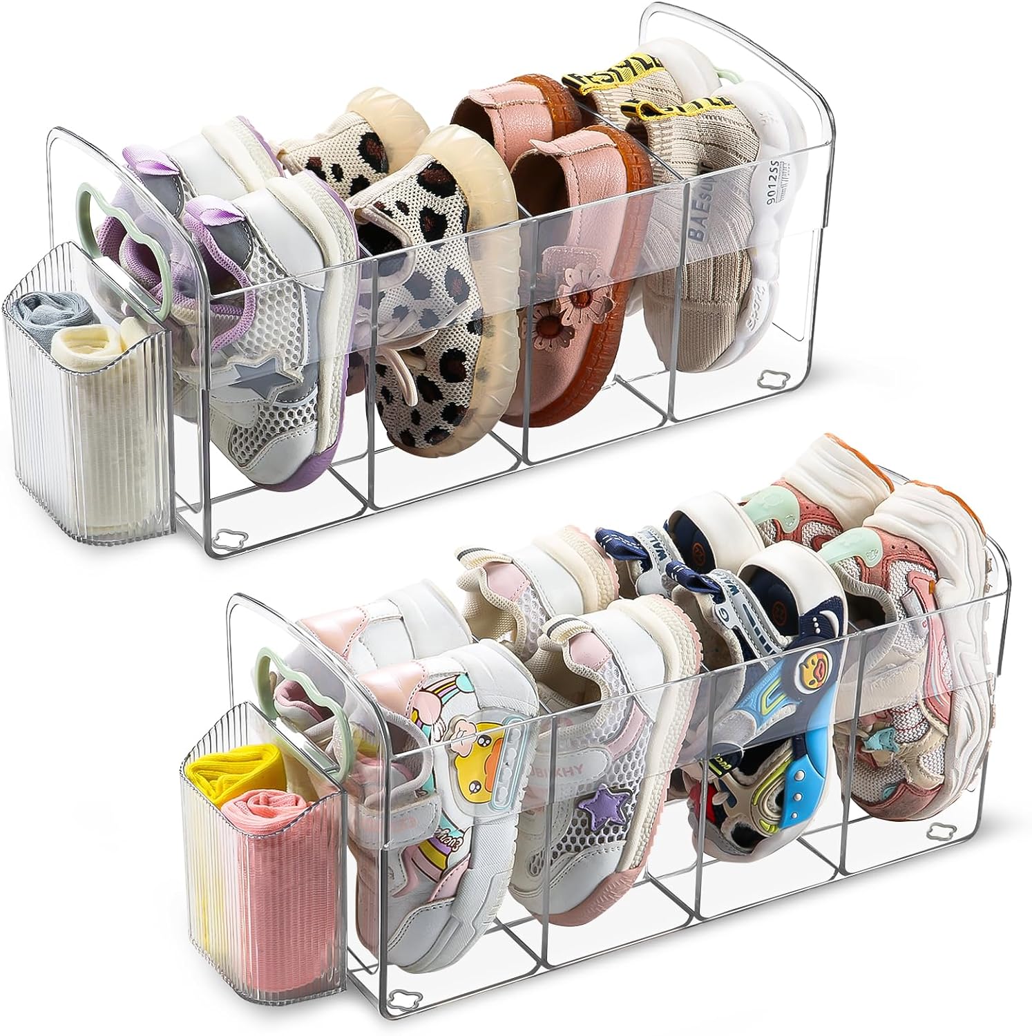 2 Pack Upgraded Kids Shoe Rack, Clear Acrylic Baby Shoe Organizer with Side Anti-Slip Baffle, 4 Sections Toddler Shoe Rack with Socks Storage for Closet Organizers and Storage