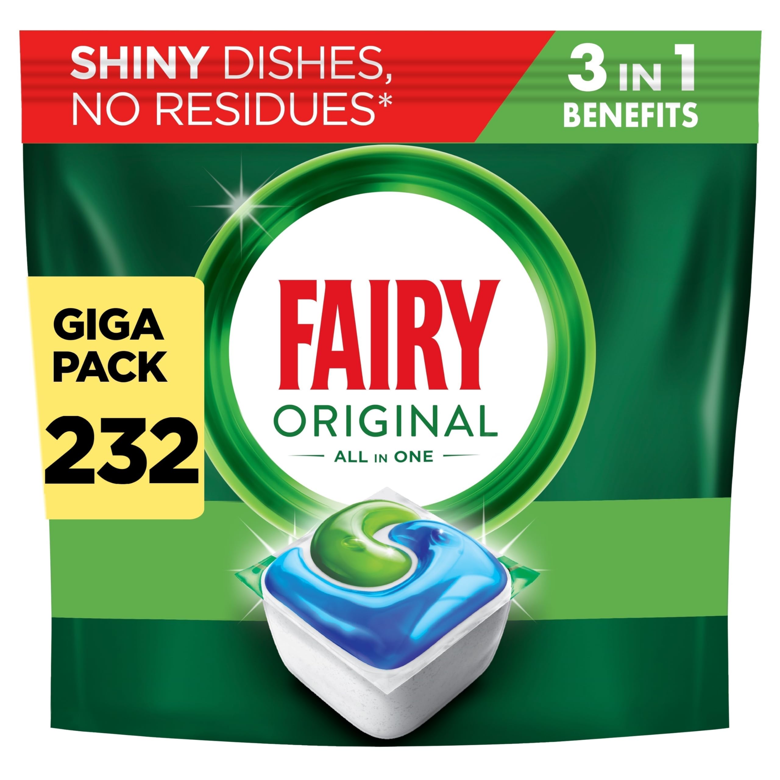 Fairy Original Power Dishwasher Tablets Breeze, 232 Capsules, 1st Time Cleaning Action with No Rewash, Effective on 100% Grease, Spotless Shine Without Residues
