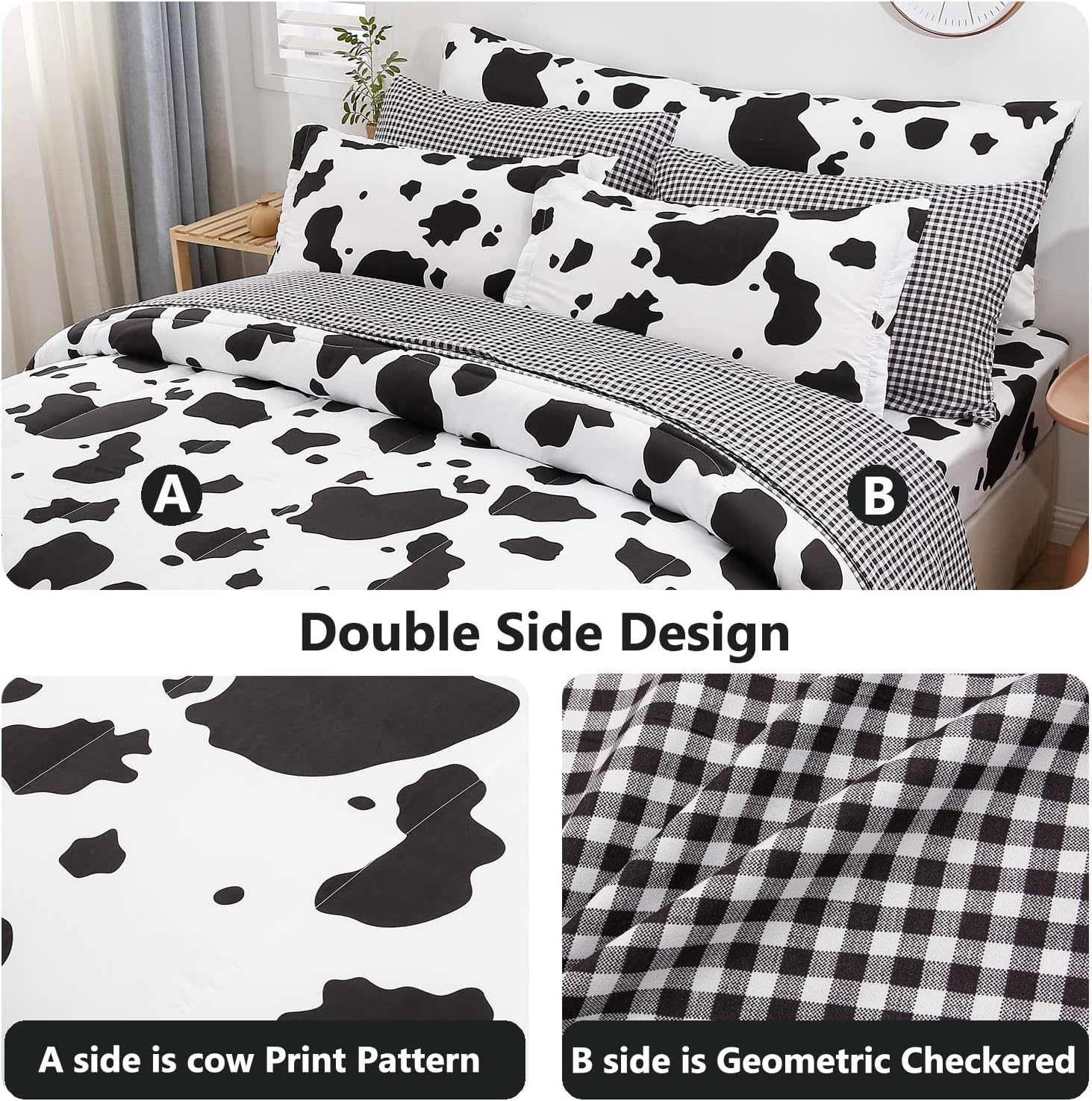 SUCSES Cow Print Queen Comforter Set with Sheets 8Pcs Bed in A Bag Queen Size Bedding Set Geometric Black and White Duvets for All Season - Image 3
