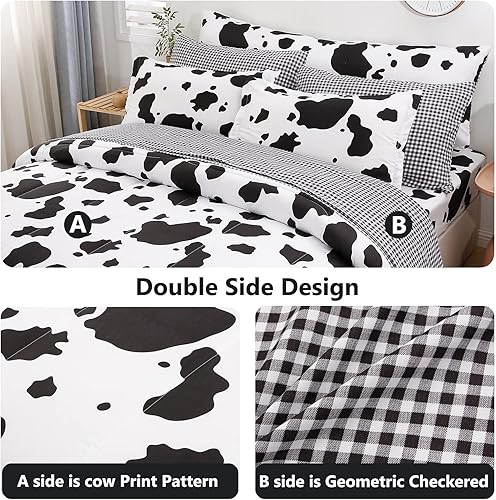 Miniatura 3 de SUCSES Juego de edredón tamaño individual con sábanas de 8 piezas con estampado de vaca, ropa de cama de piel de vaca en una bolsa para niños y