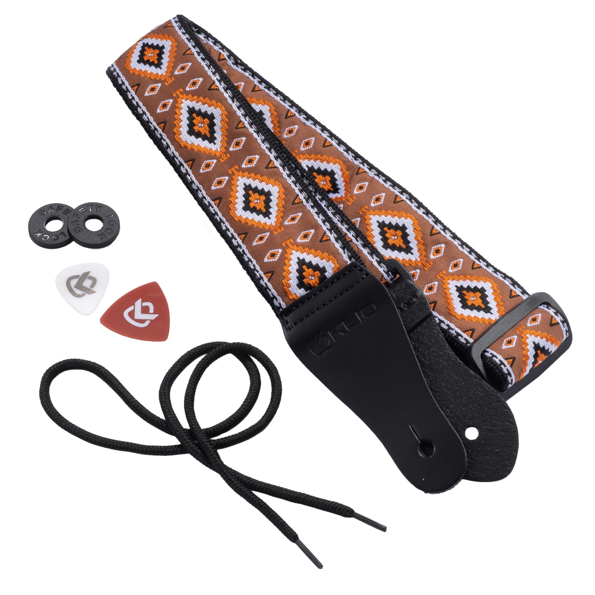 KLIQ Vintage Woven Guitar Strap for Acoustic and Electric Guitars | '60s Jacquard Weave Hootenanny Style | 2 Rubber Strap Locks Included (Diné, Adobe/Orange)