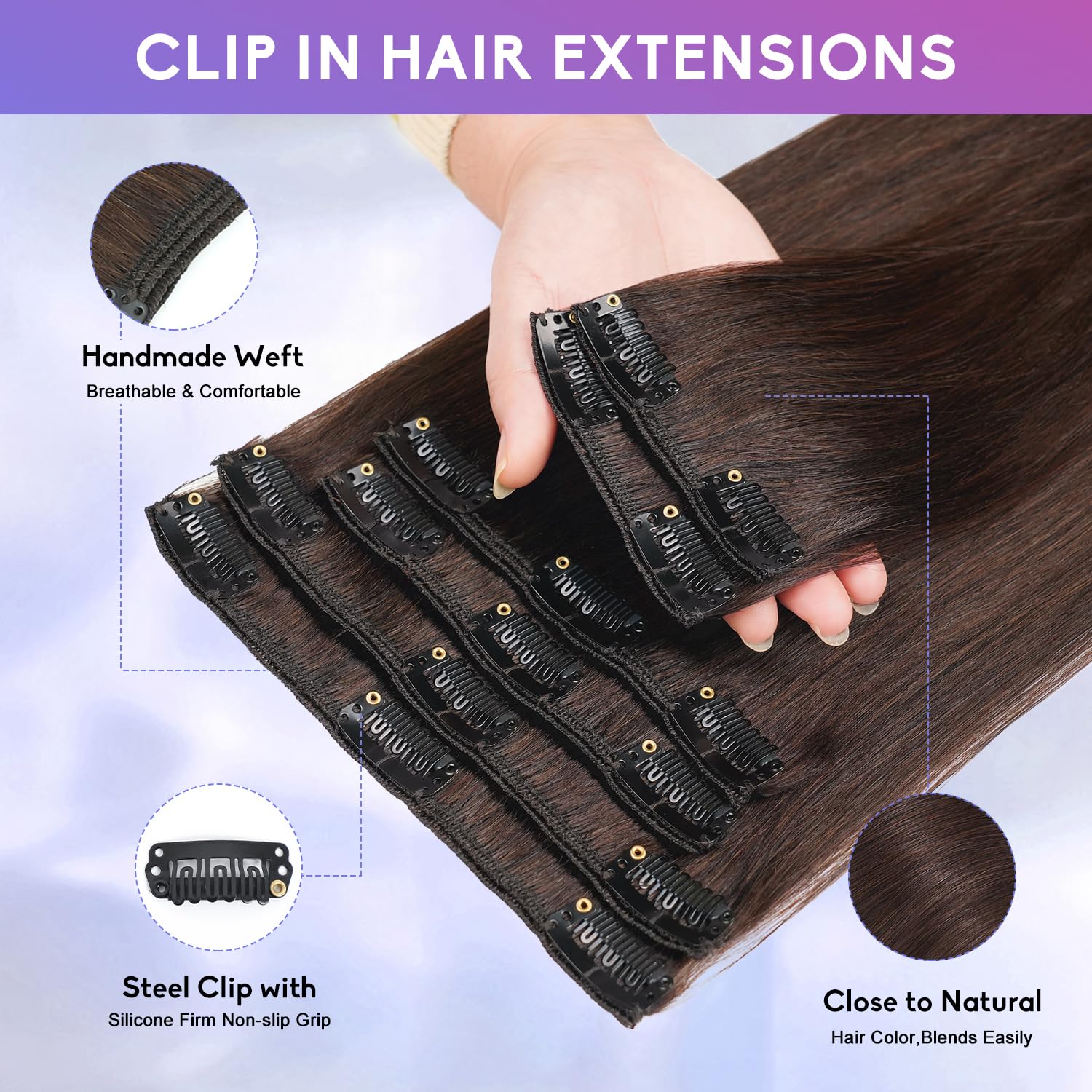 Dark Brown Clip in Hair Extensions Real Human Hair Invisible Seamless Remy Human Hair Clip in Extensions for Women 18 Inch 100g, 8pcs Per Set with Double Weft