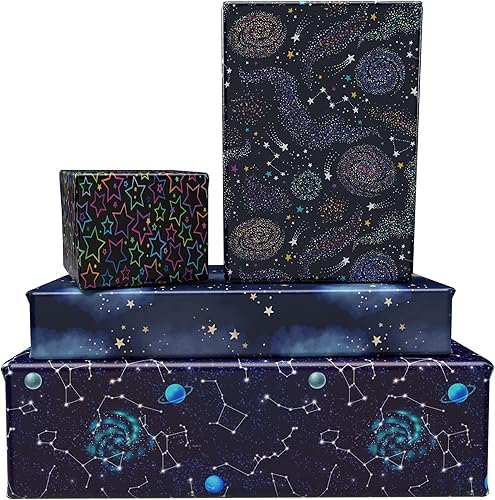 Miniatura 5 de GIOLNIAY Papel de regalo de galaxia para niños y niñas, cumpleaños, baby shower, envoltura de regalo con estrellas de neón, cielo estrellado de