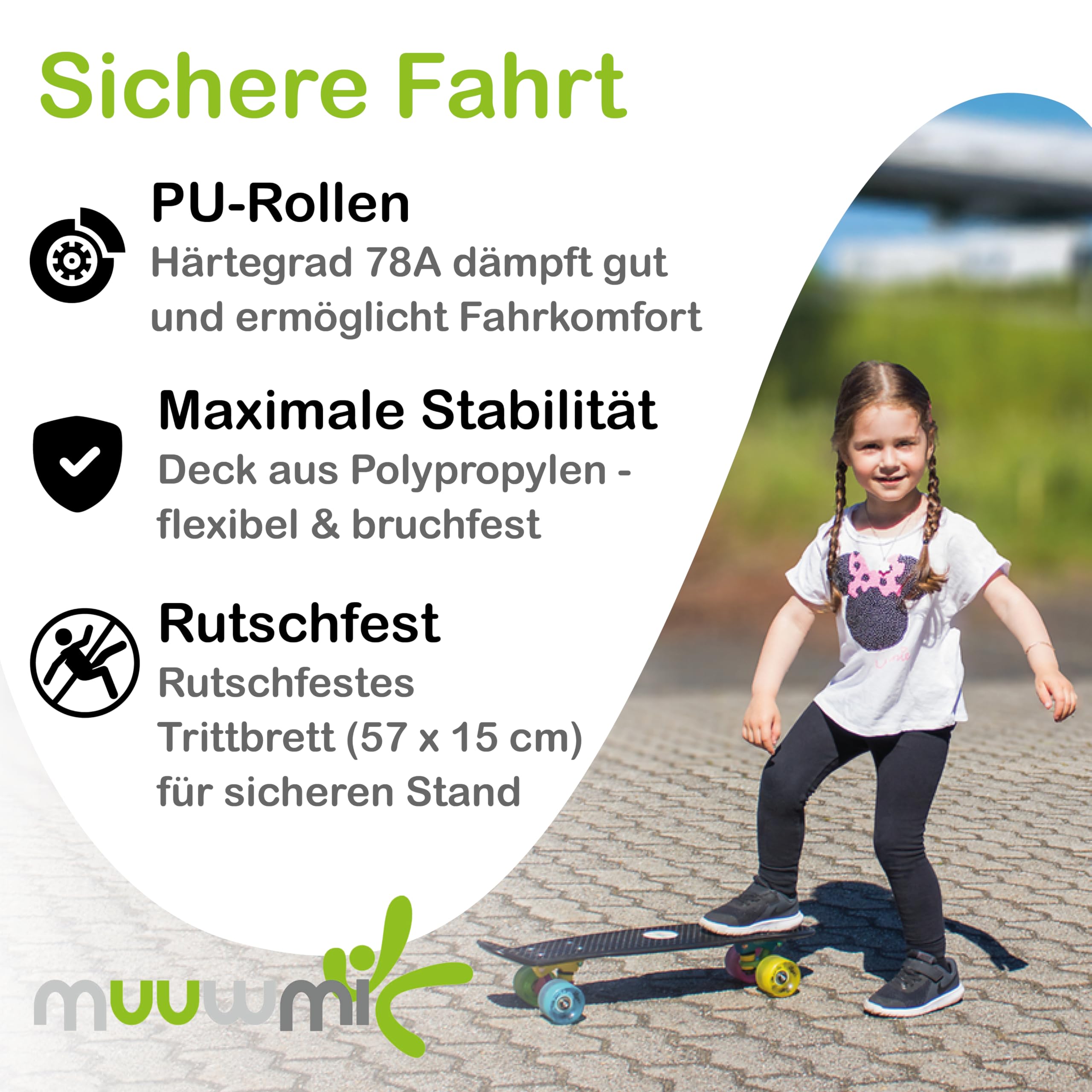Muuwmi Skateboard Fun - Board Deck 57x15cm - ABEC 5 und PU-Rollen 60x45mm