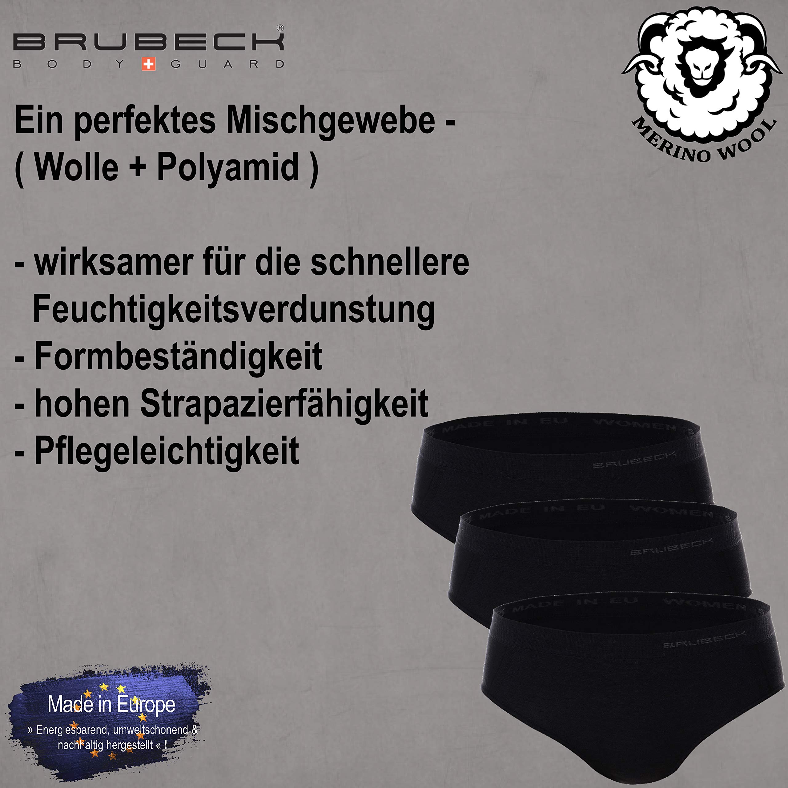 BRUBECK 3er Pack Damen Classic | Atmungsaktiv | Sport | Funktionsunterwäsche | Unterhose | Schlüpfer | Slip | 39% Merino-Wolle | HI10080