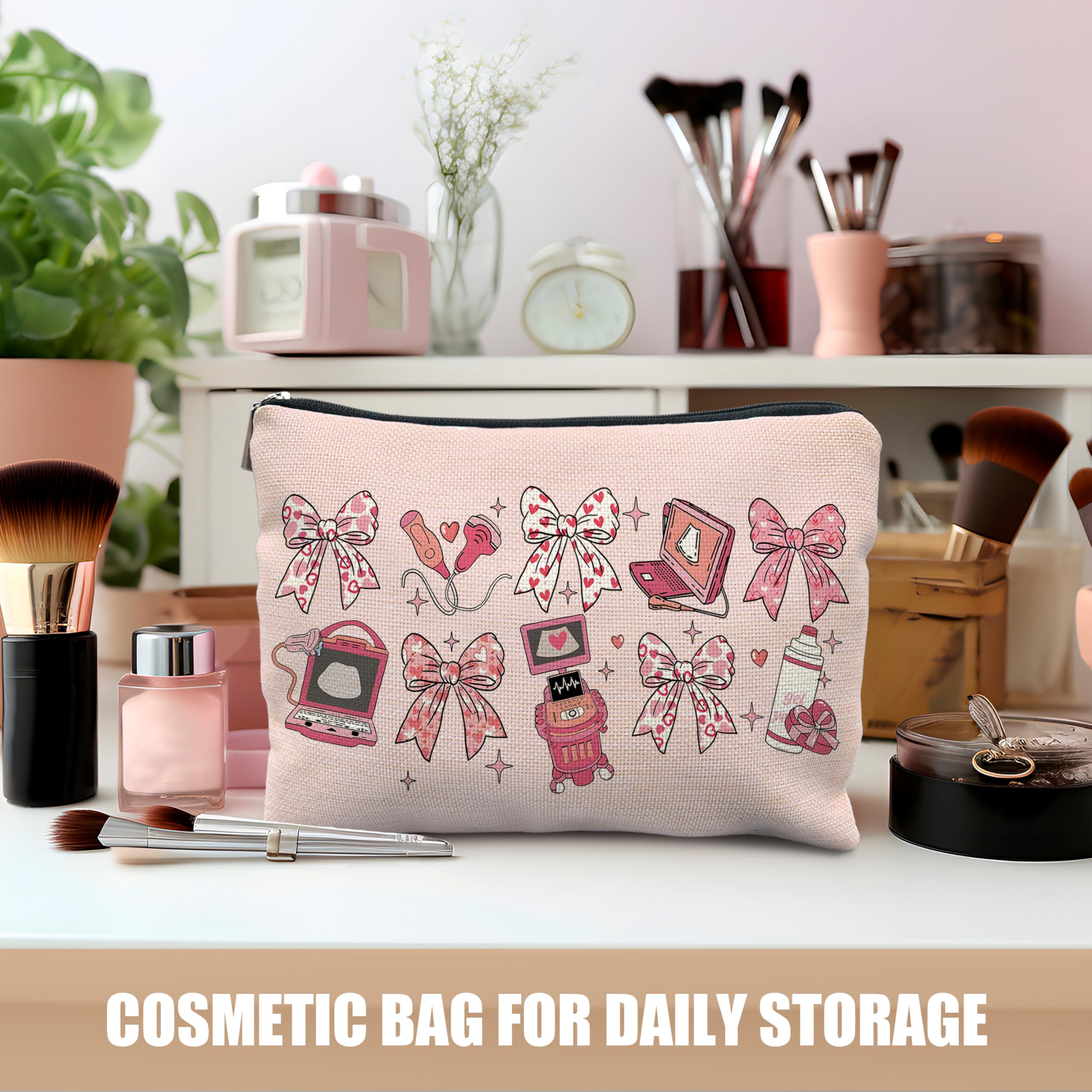 Coquette Pink Bow Sonographer Gifts Makeup Bag, Ultrasound Tech Technologist Gifts Cosmetic Bags for Women, Medical Nursing Zipper Makeup Pouch Travel Toiletry Bag