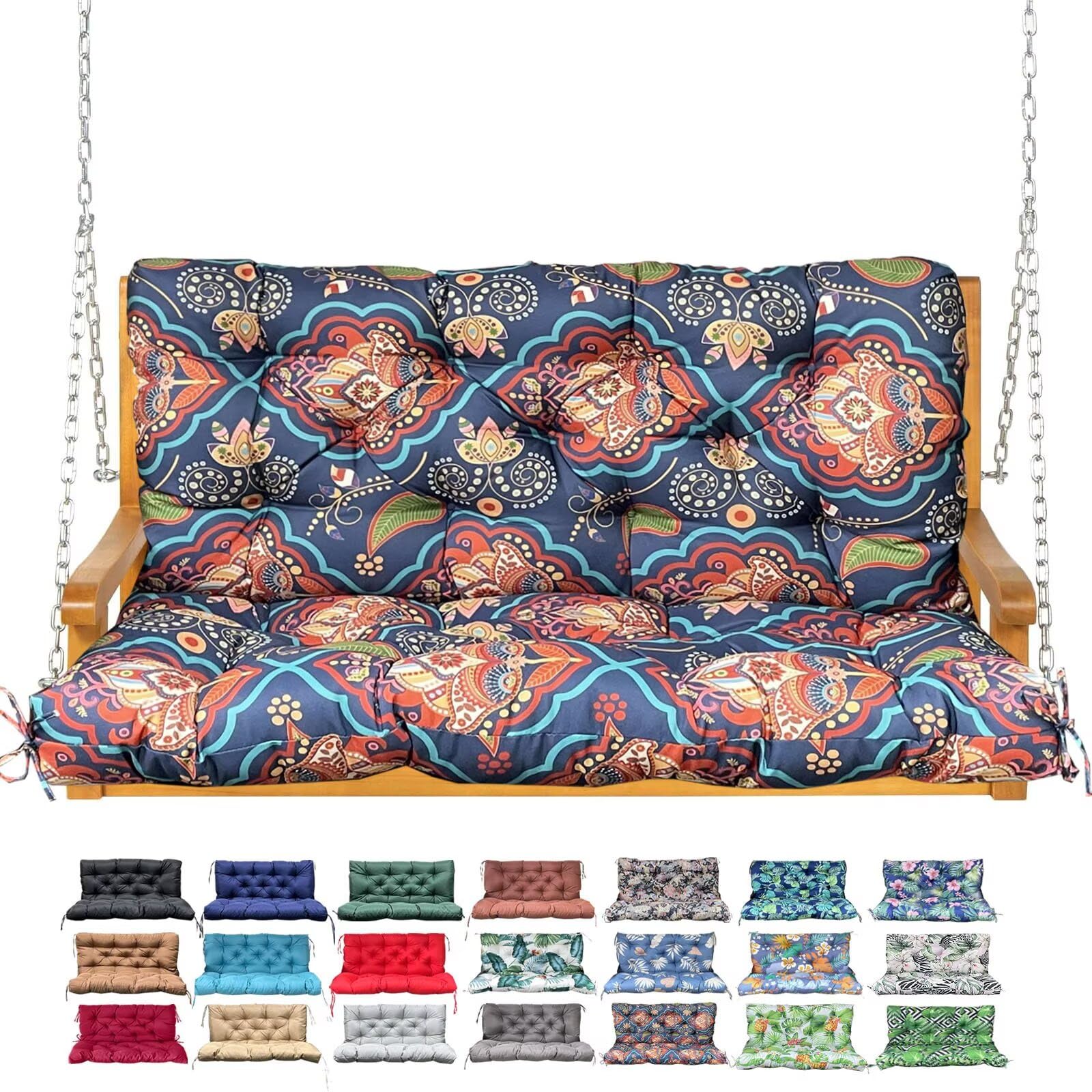 Porch Swing Cushion with Backrest,Waterproof Bench Cushion for Outdoor Furniture,2-3 Seater Replacement Thickened Swing Cushion with Ties,Patio,Outdoor,Backyard and Garden (Bohemian,40x40)
