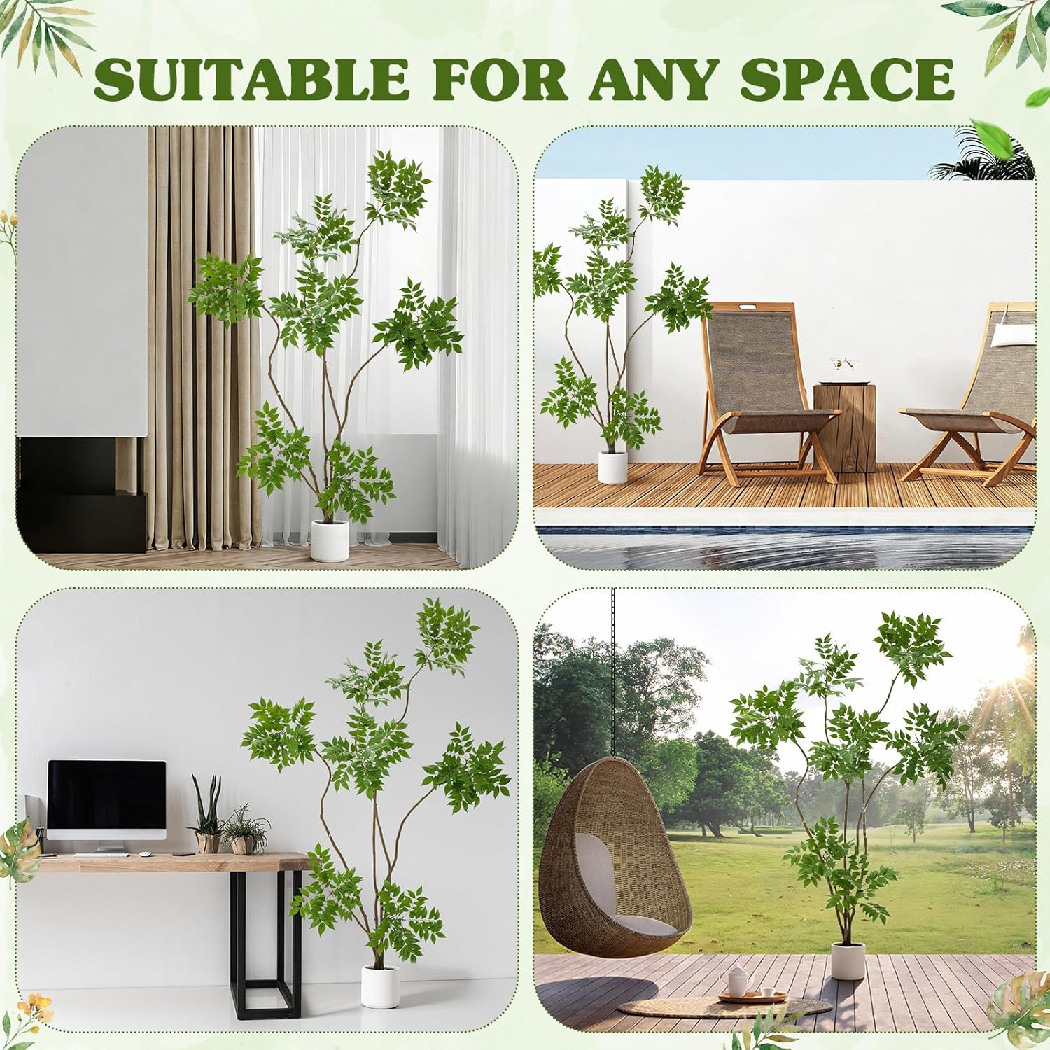 Jexine 6 ft Artificial Sumac Tree, Tall Fake Sumac Tree with White Pot, Faux Mahonia Fortunei Plants Spring Fake Plant for Indoor Outdoor Office Living Room Home Patio Greening Porch Decor - Image 6