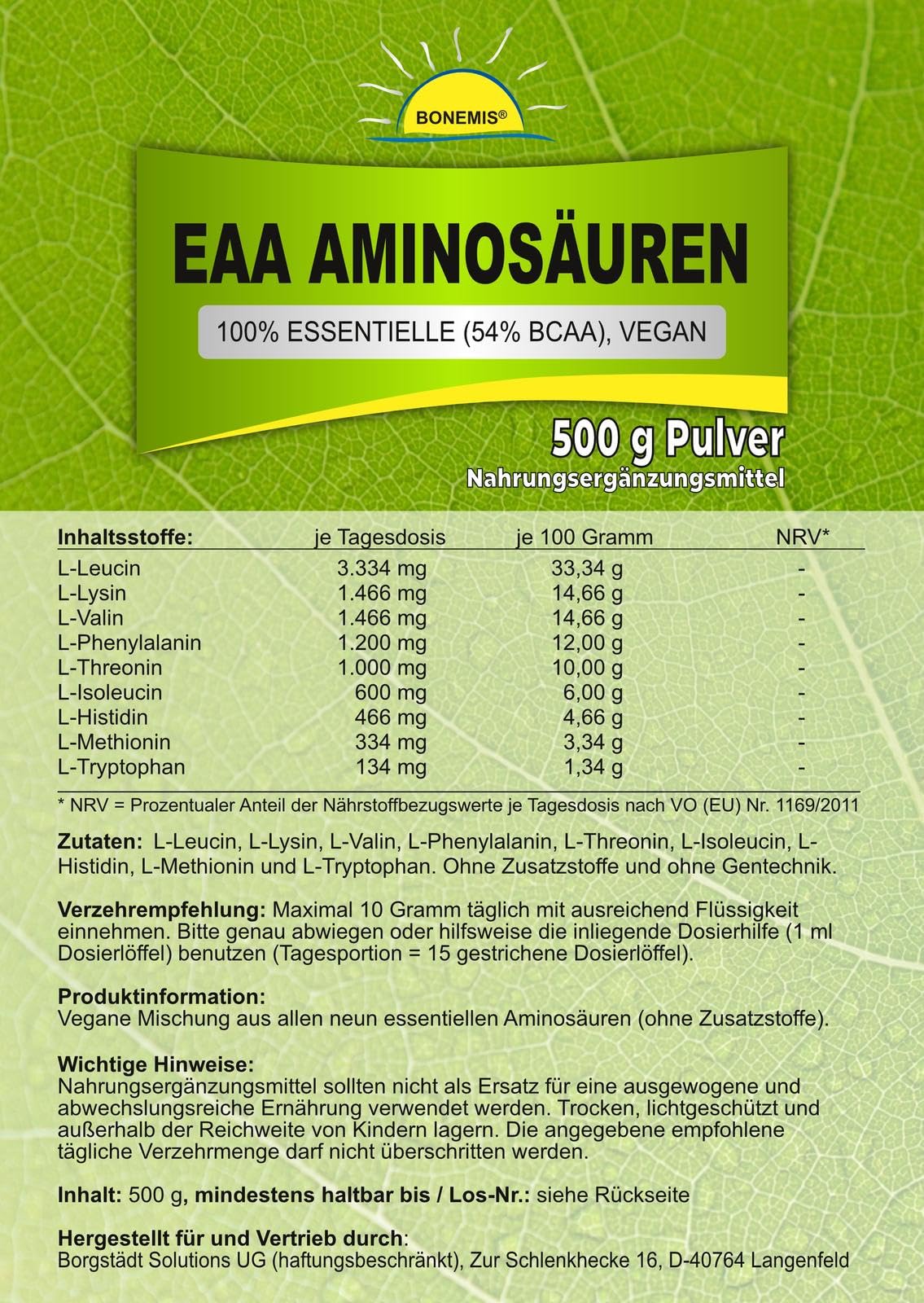 Essentielle Aminosäuren, EAA, Pulver, vegan, ohne Zusatzstoffe, 2x 500 g