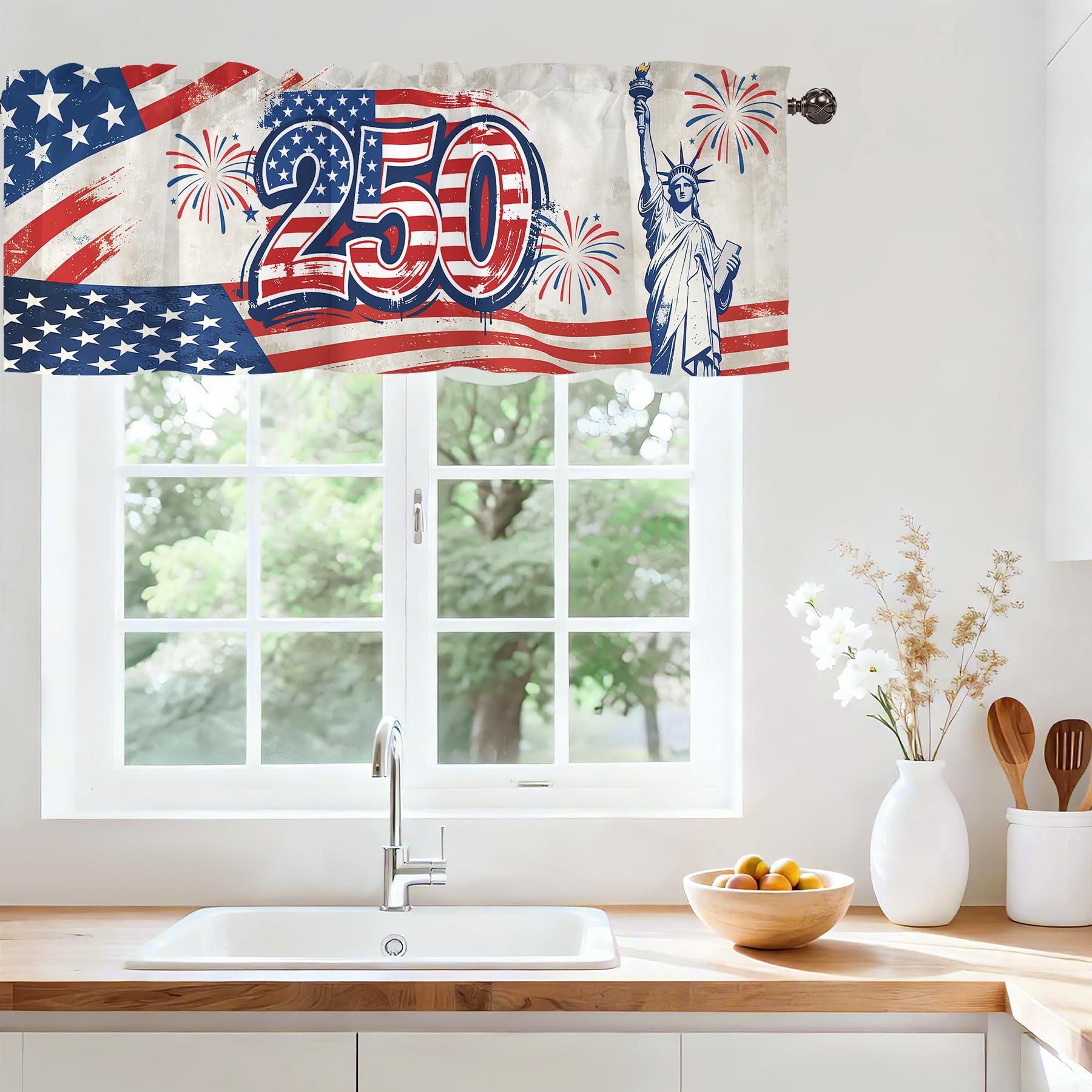 Patriotic 4th of July Kitchen Valance Curtains, Sheer Rod Pocket 42x12 in