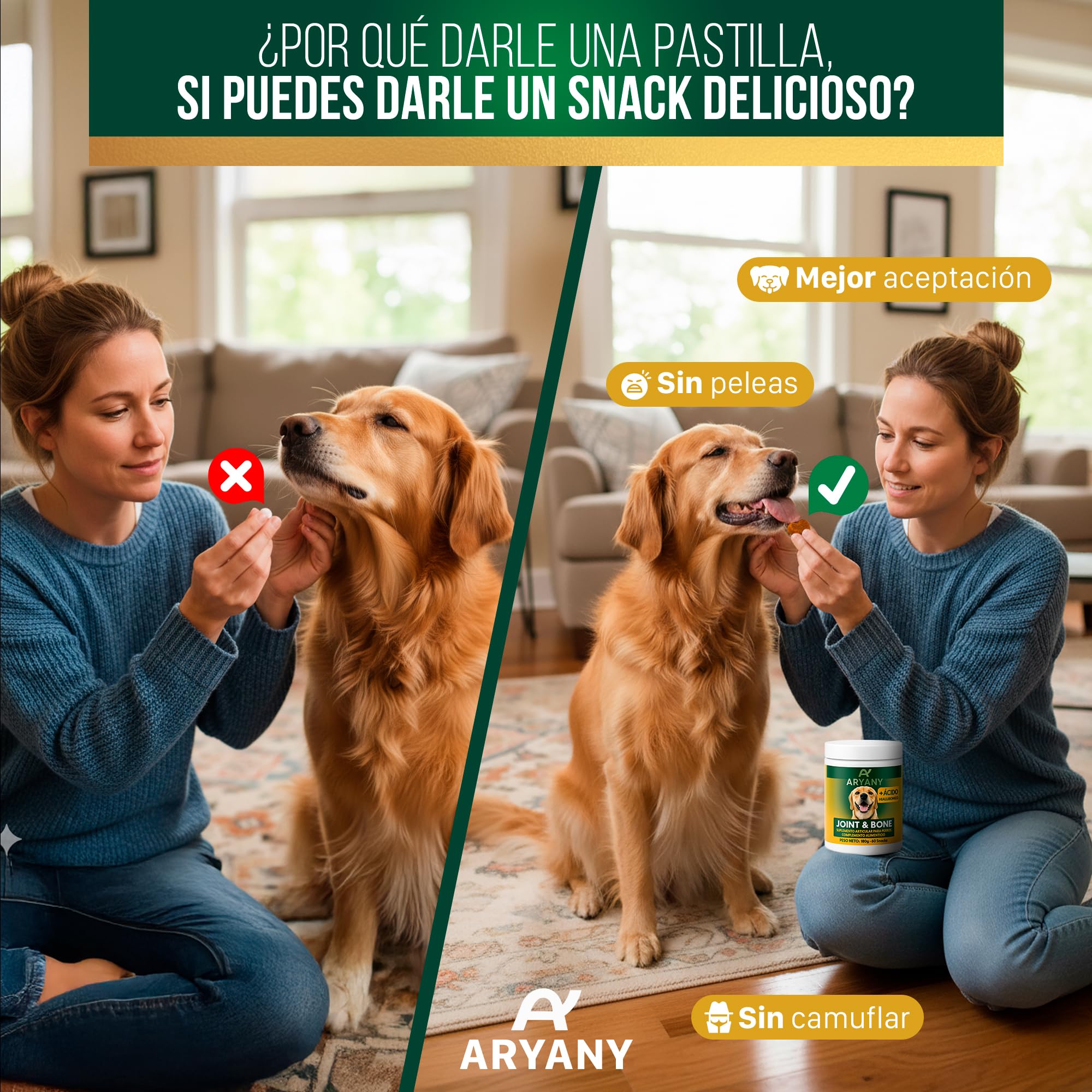 ARYANY Condroprotector Perros Snack Masticable (60 Uds) - Fórmula Premium de Alta Concentración: Glucosamina 200mg, Condroitina, MSM 200mg, Ácido Hialurónico, Colágeno - Antiartrosis