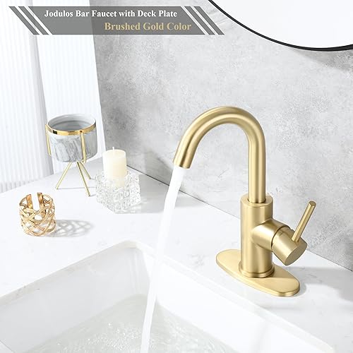 Miniatura 6 de Grifo de barra dorada de un solo agujero, grifo de fregadero de barra de oro cepillado con placa de cubierta y líneas de suministro, grifo de