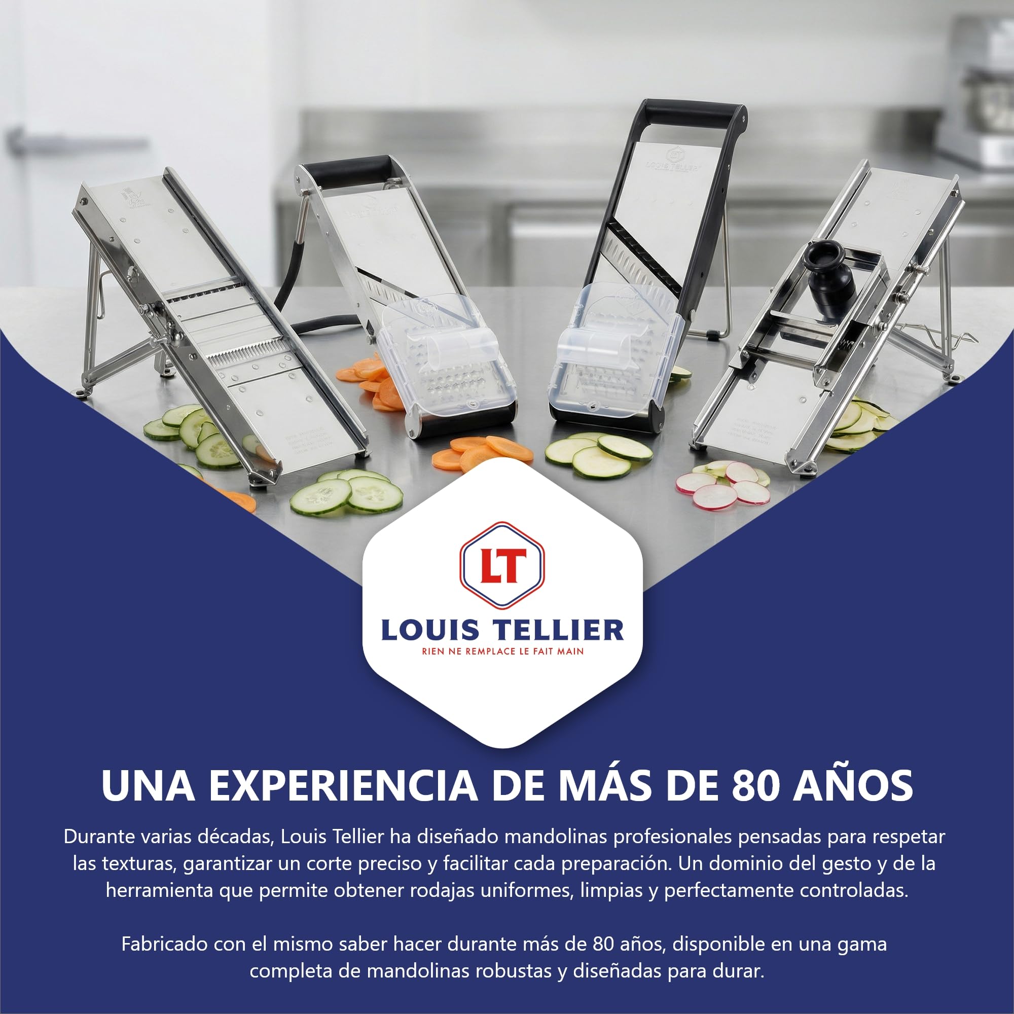 Louis Tellier - Mandolina profesional con Carro de Protección - Acero inoxidable - Peine Ajustable Grosor 3&10 mm - 25 x 12 x 7 cm - Made in France