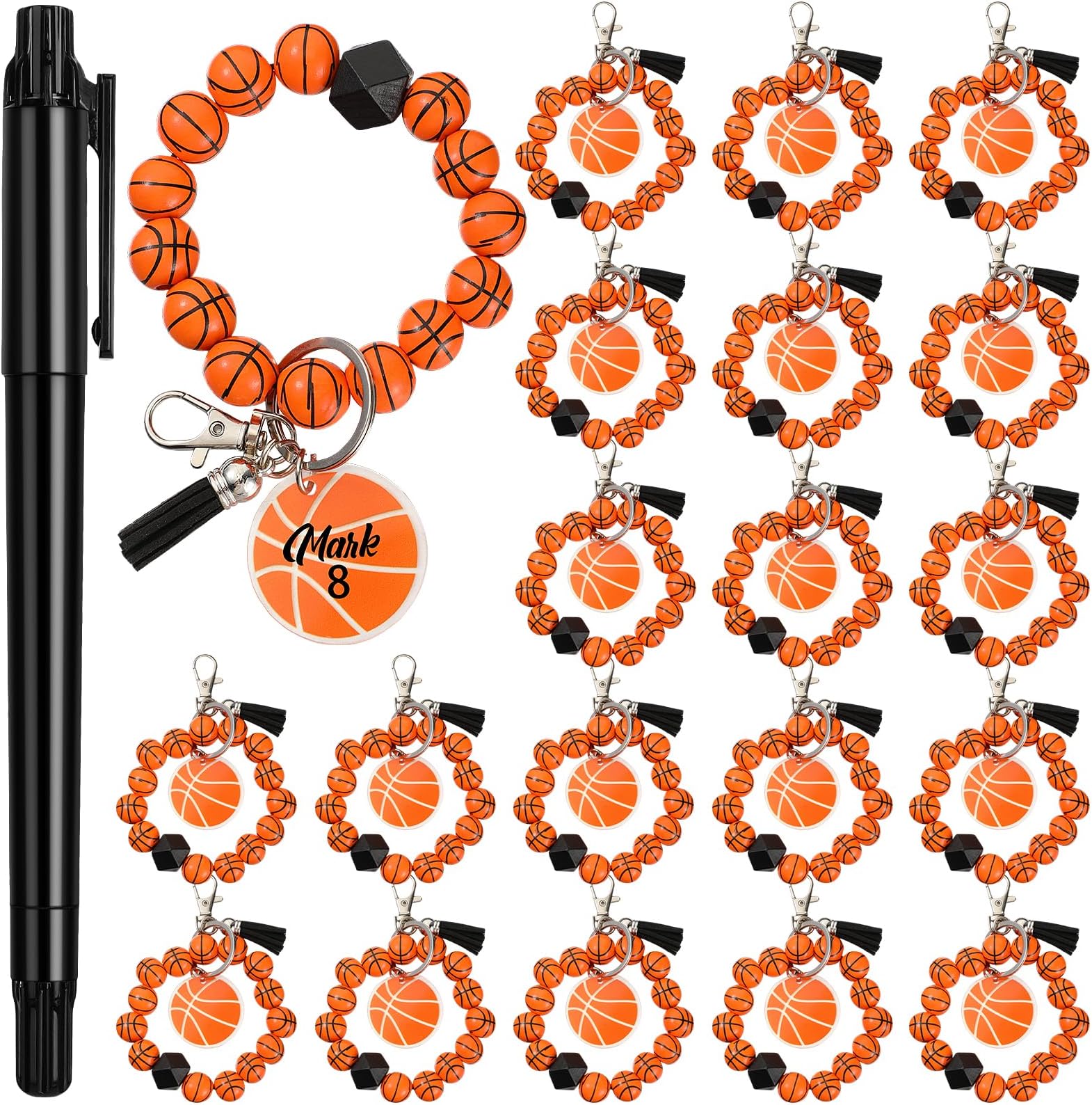 Siifert 20 Pcs Basketball Keychain Team Gifts for Sports Lover Wood Bead Sports Charm Wristlet Bracelet Gift for Holiday Favors Coach Student Teacher Party gift