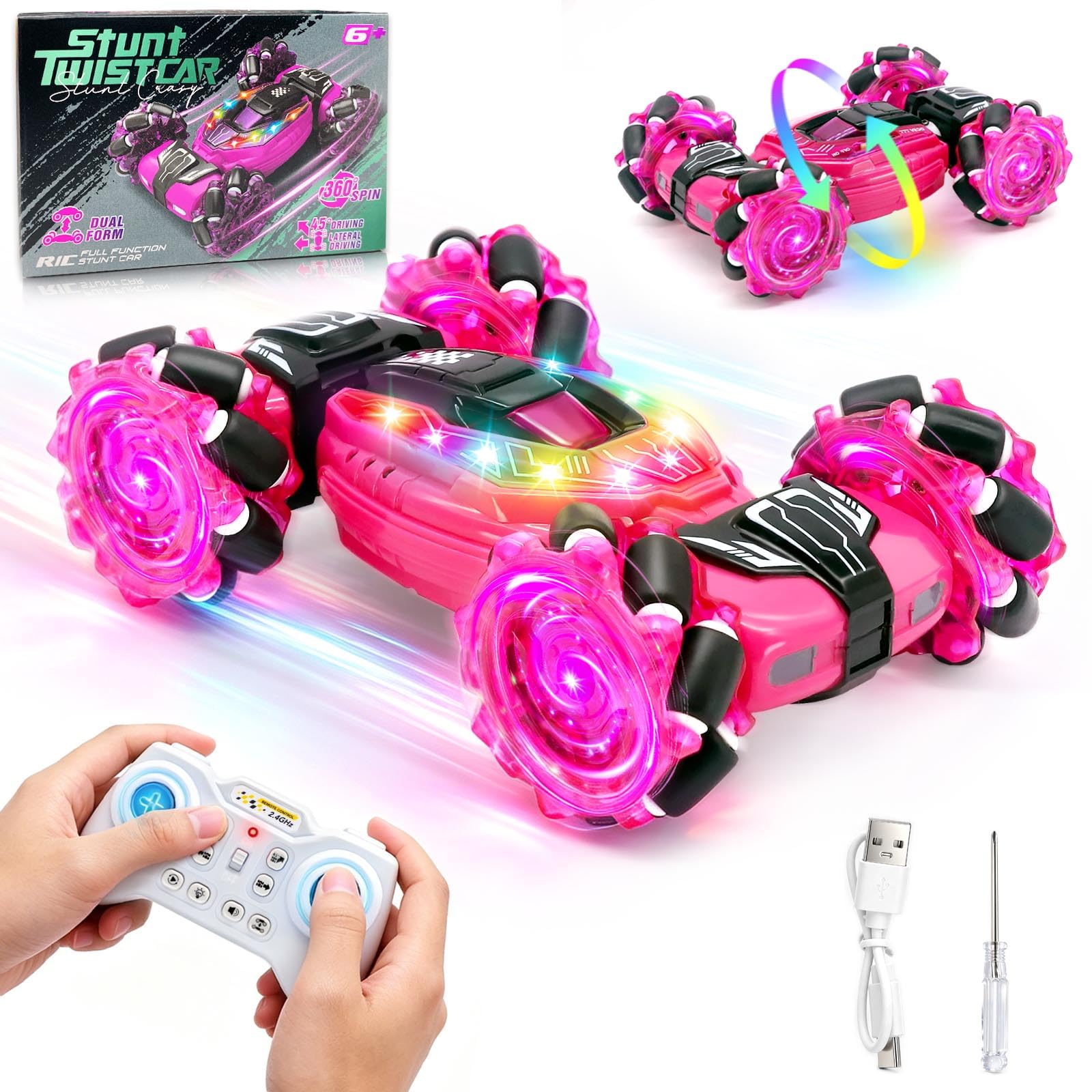 DELEE Ferngesteuertes Auto 360° Flip 4WD Spielzeug Autos RC Car Toys mit Musik Licht Fernbedienung und Smartwatch Doppelsteuerung Weihnachten Geschenk Junge 6-12 Jahre Kinder Spiele (Rosa)
