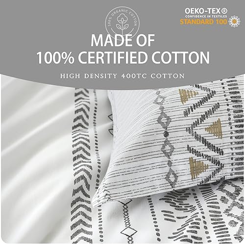 Miniatura 3 de Quilta Funda de edredón 100 % algodón, tamaño Queen, juego de funda de edredón bohemio blanco de 3 piezas con cierre de cremallera, edredón a rayas