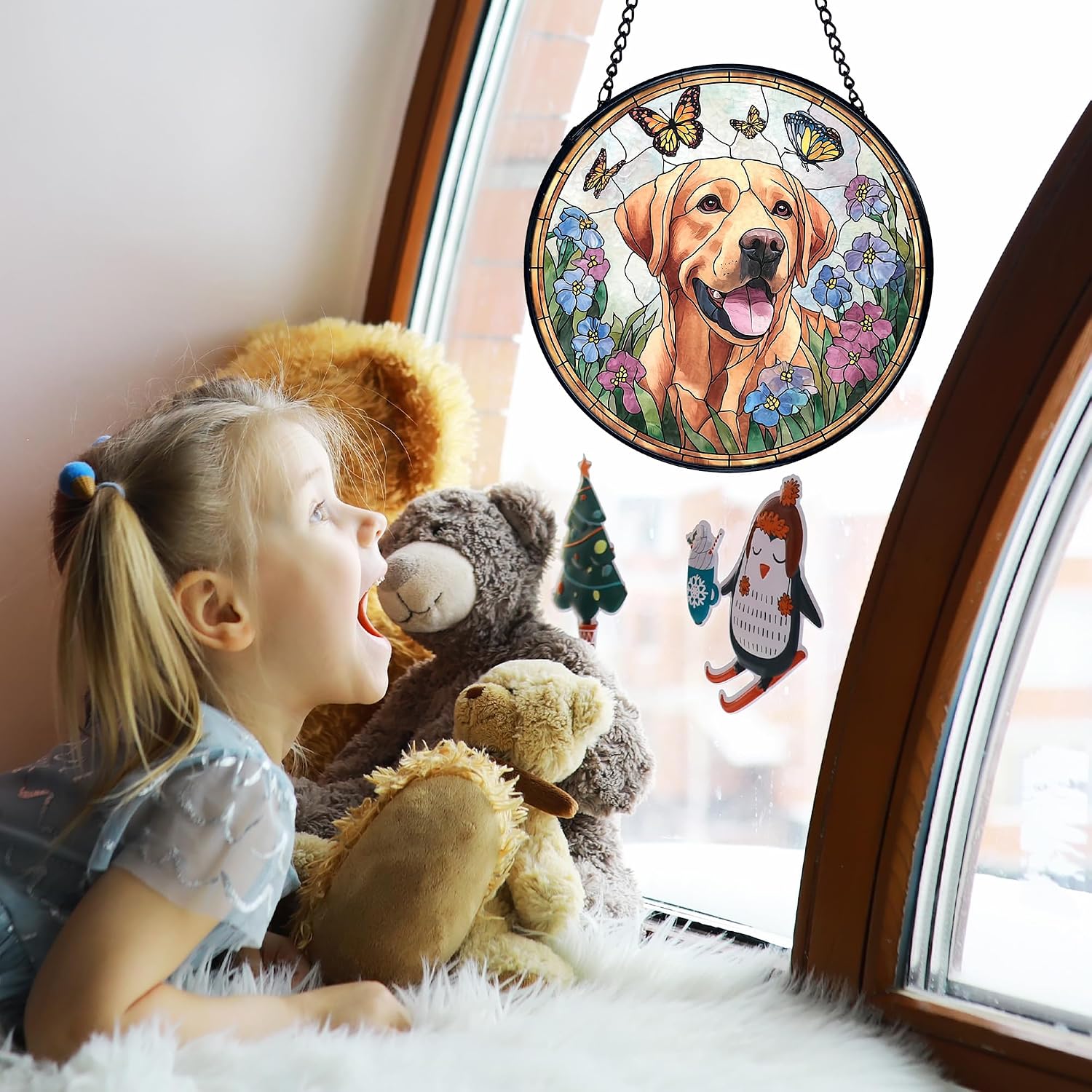 TNUW Labrador Retriever Flower Stained Glass Window Hanging, Labrador Retriever Gifts Sun Catchers Indoor Window Glass Round Wall Art Decor, Dog Sunflower Wall Hanging Decorations, 7.9＂x7.9＂