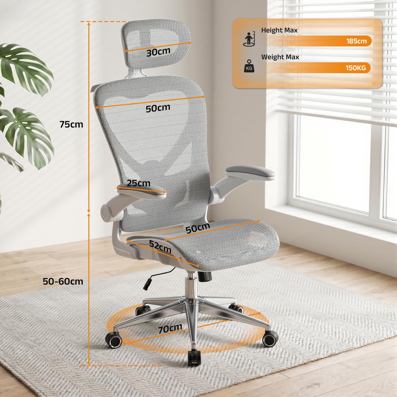 naspaluro Sedia da Ufficio Ergonomica, Supporto Lombare Regolabile, Grigio | sedia da scrivania Cuscino testa regolabile 3D, Inclinazione 90-130°, Sedia da Computer Girevole Confort per Casa e Ufficio