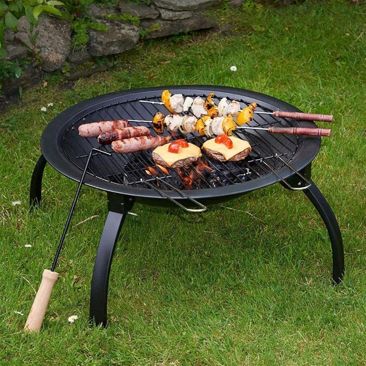 Garden Fire Pit Grill Bowl Grill Barbecue Rack Fire Pits,Garden Outdoor Fire Pits Steel Folding Fire Bowl with Grill & Cover & Poker Camping Fire Pit BBQ Brazier Wood Charcoal Patio Heater