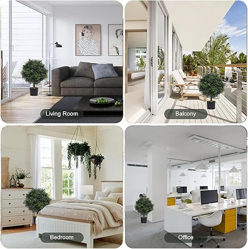 Miniatura 7 de Silk Tree Warehouse Bagari - Dos arbustos topiarios artificiales de boj de 2 pies para exteriores, plantas en maceta de 16 pulgadas de ancho