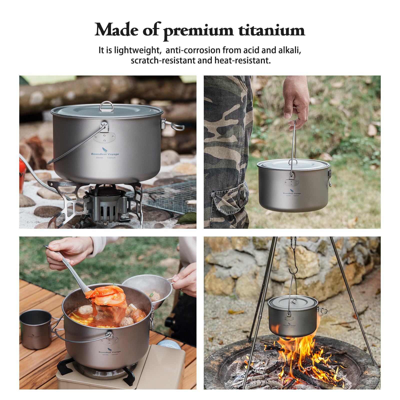 Boundless Voyage Olla de titanio de 1,3 L/1,95 L/2,9 L, olla de camping con tapa, para exteriores, ligera, para fogatas, utensilios de cocina para caminar, vajilla, utensilios de cocina portátiles