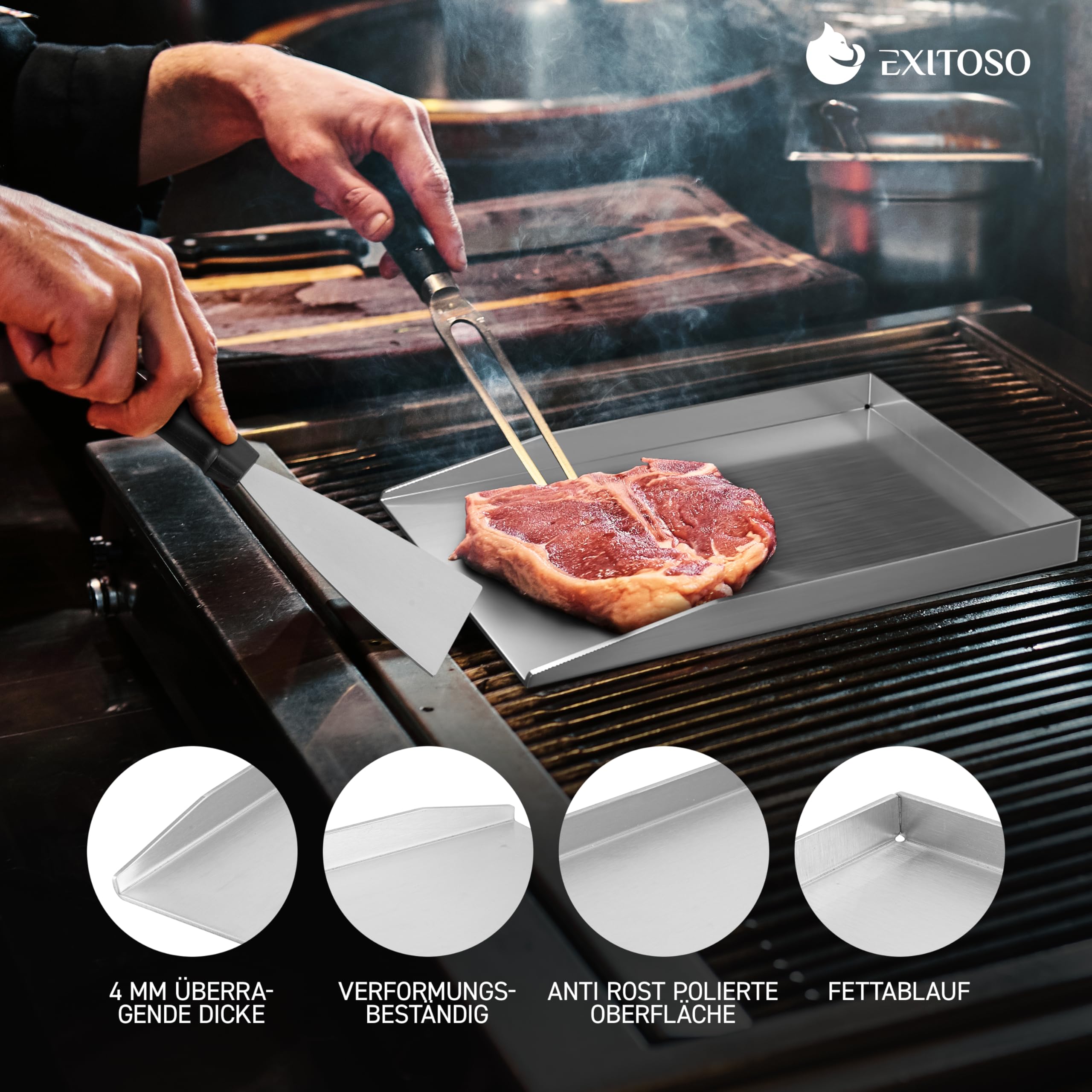Exitoso Grillplatte 30x40cm | Plancha Mit Grillspachtel | Gasgrill Aus Dickem & Rostfreiem Edelstahl | 4mm Dicke | Universalgröße, Silber