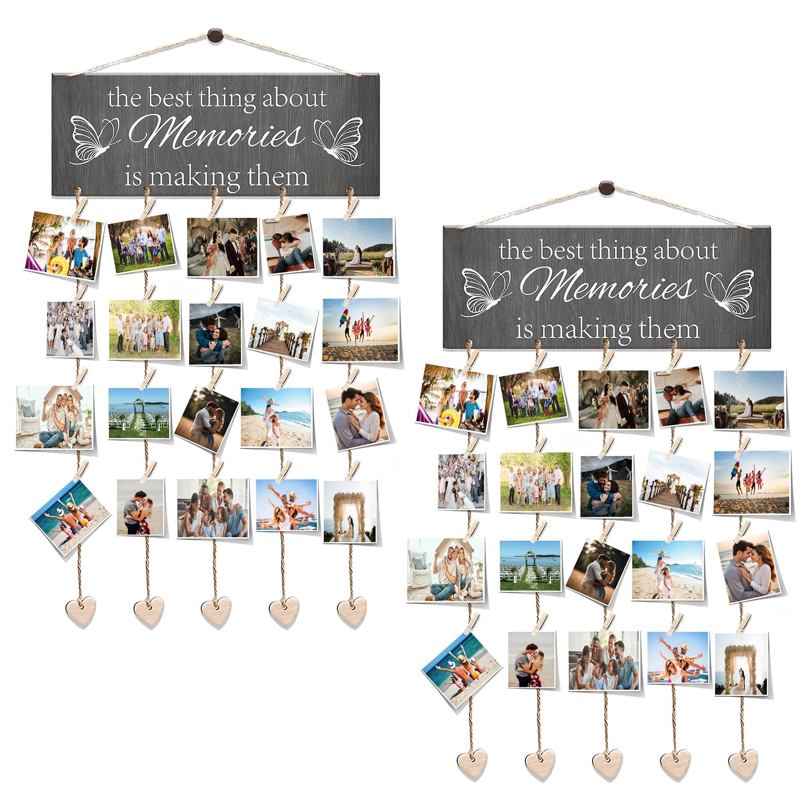 2 Pack Hanging Photo Display Board,Each Pack Photographs String with 20 Wooden Clips, 7 Ropes and 6 Heart-shaped Decorations, Wood Wall Photo Display for Decorations Gifts DIY