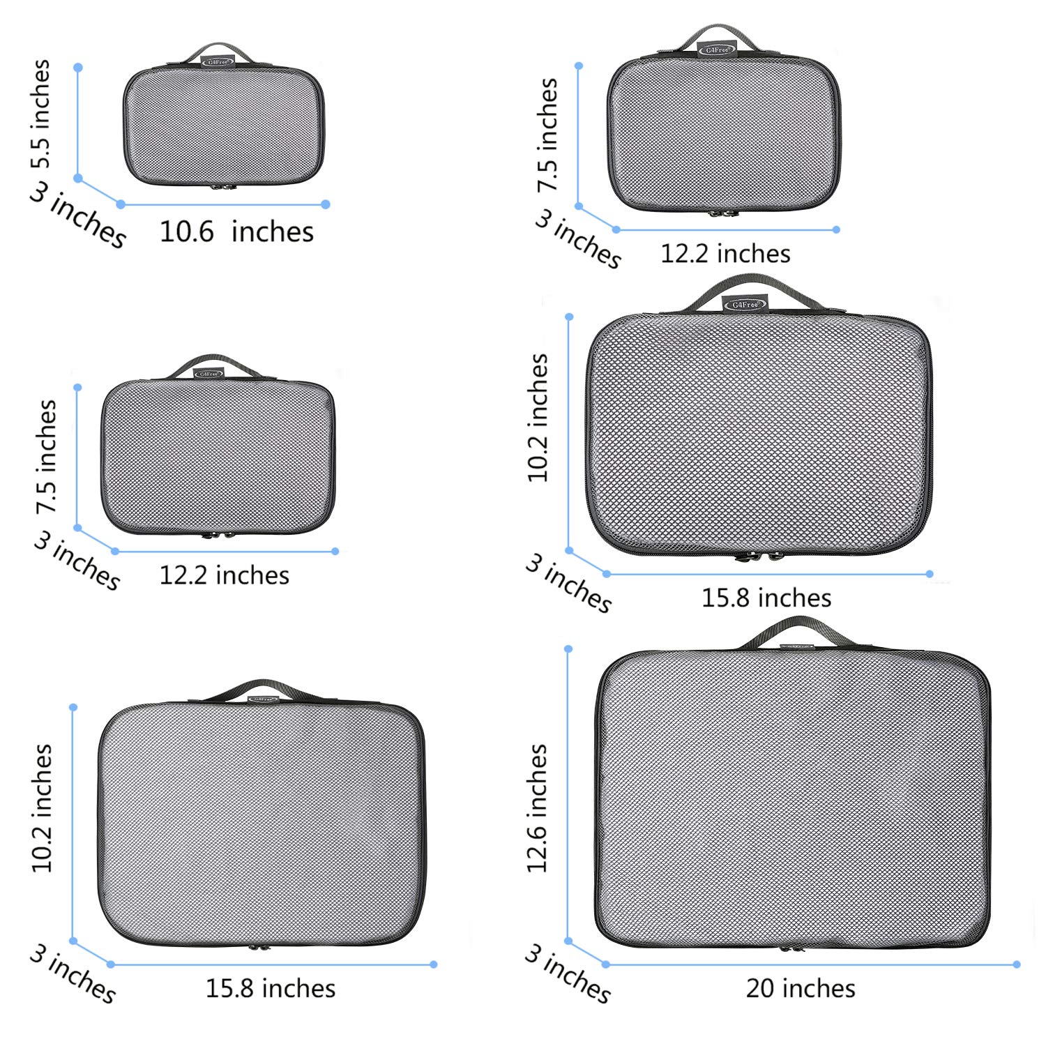 G4Free Lot 6 Cubes De Rangement Voyage – Organisateurs Valise Compression Nylon Hydrofuge – Tailles XL, L, M, S – Idéal Bagage Cabine Et Organisation