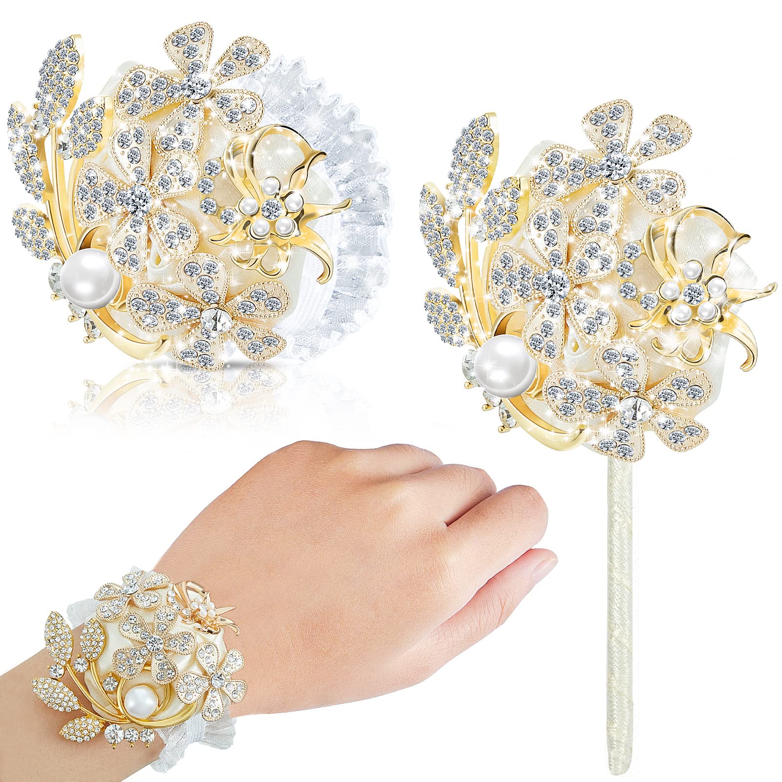 2 Pcs Artificial Corsages Wrist Flower Rhinestone Wrist Corsage Artificial Silk Corsage Wedding Wrist Corsage for Wedding Boutonniere Wrist Flowers Party Bridal Shower(Gold Ivory,Vintage Style)