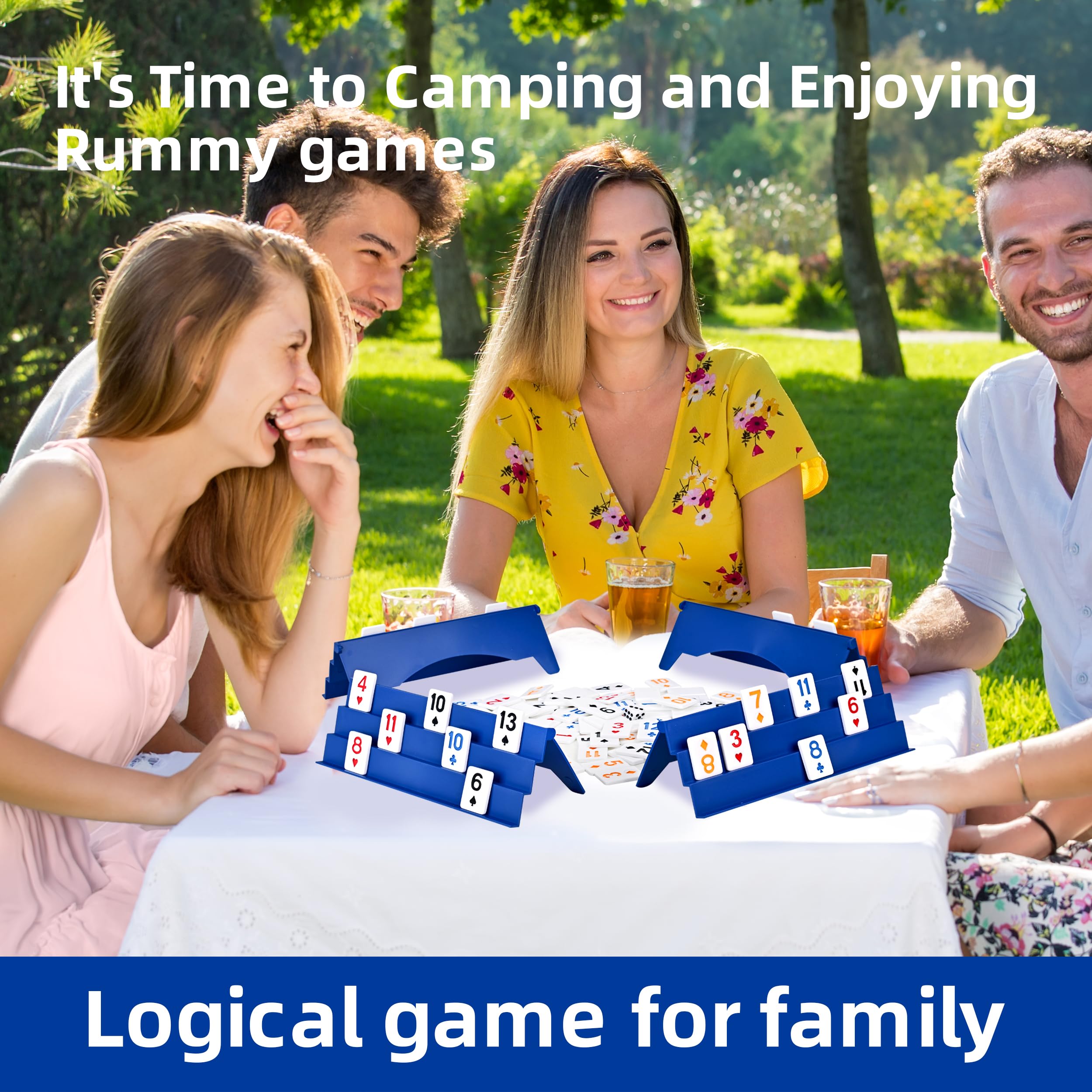 Doublefan Jeu de rami amélioré - Rummy-O avec couleur unique - Jeu de société original classique pour adultes et enfants, 106 carreaux, 4 supports de jeu, 1 minuterie, 1 dé (2 à 4 joueurs)