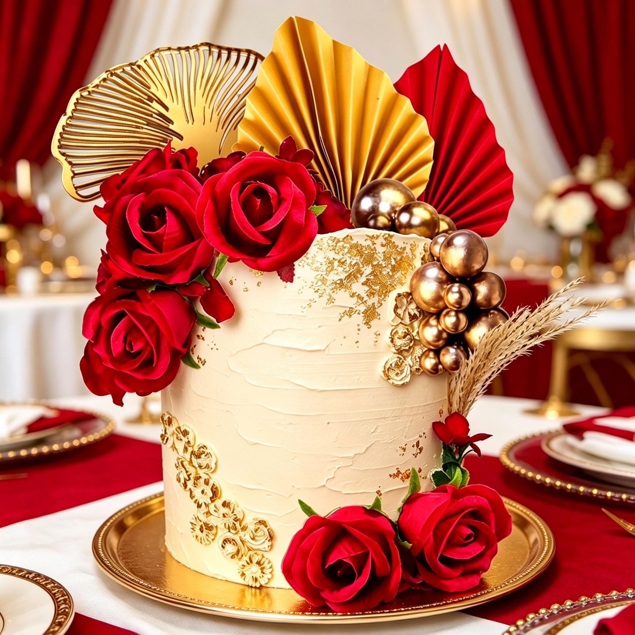 LaVenty Red Rose Gold Leaves Cake Decorations Lady in Red Queen Cake Topper