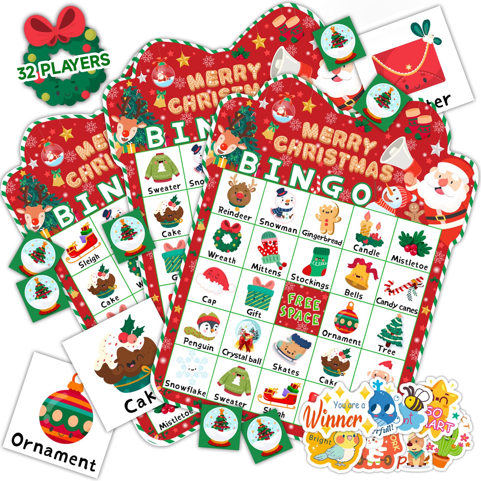 HomSeon Juego de bingo de Navidad de 39 piezas para niños y adultos, 24 jugadores, tarjetas de bingo, juegos de Navidad con calcomanías de recompensa, actividades de Navidad, juego de fiesta familiar