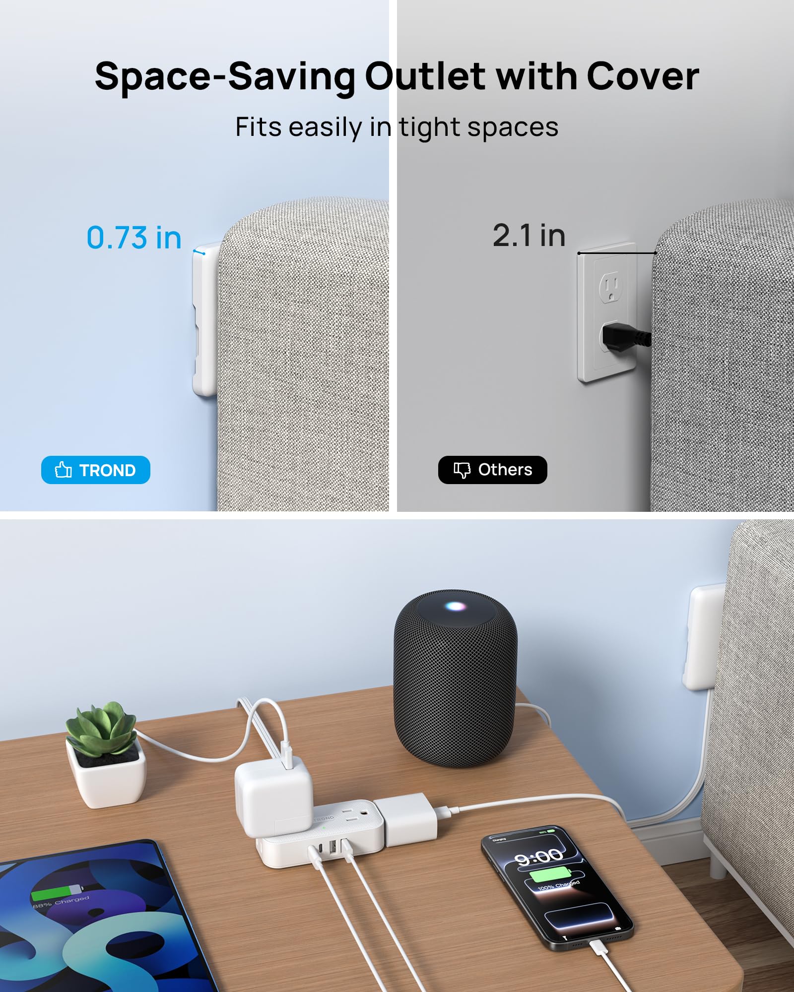 TROND 3FT Flat Extension Cord with Ultra-Thin Outlet Cover, Flat Wall Plug Power Strip with 4 AC 4 USB Ports, Hidden Outlet Extender for Tight Spaces, 10A/1250W, 900J Surge Protection, White — view 5