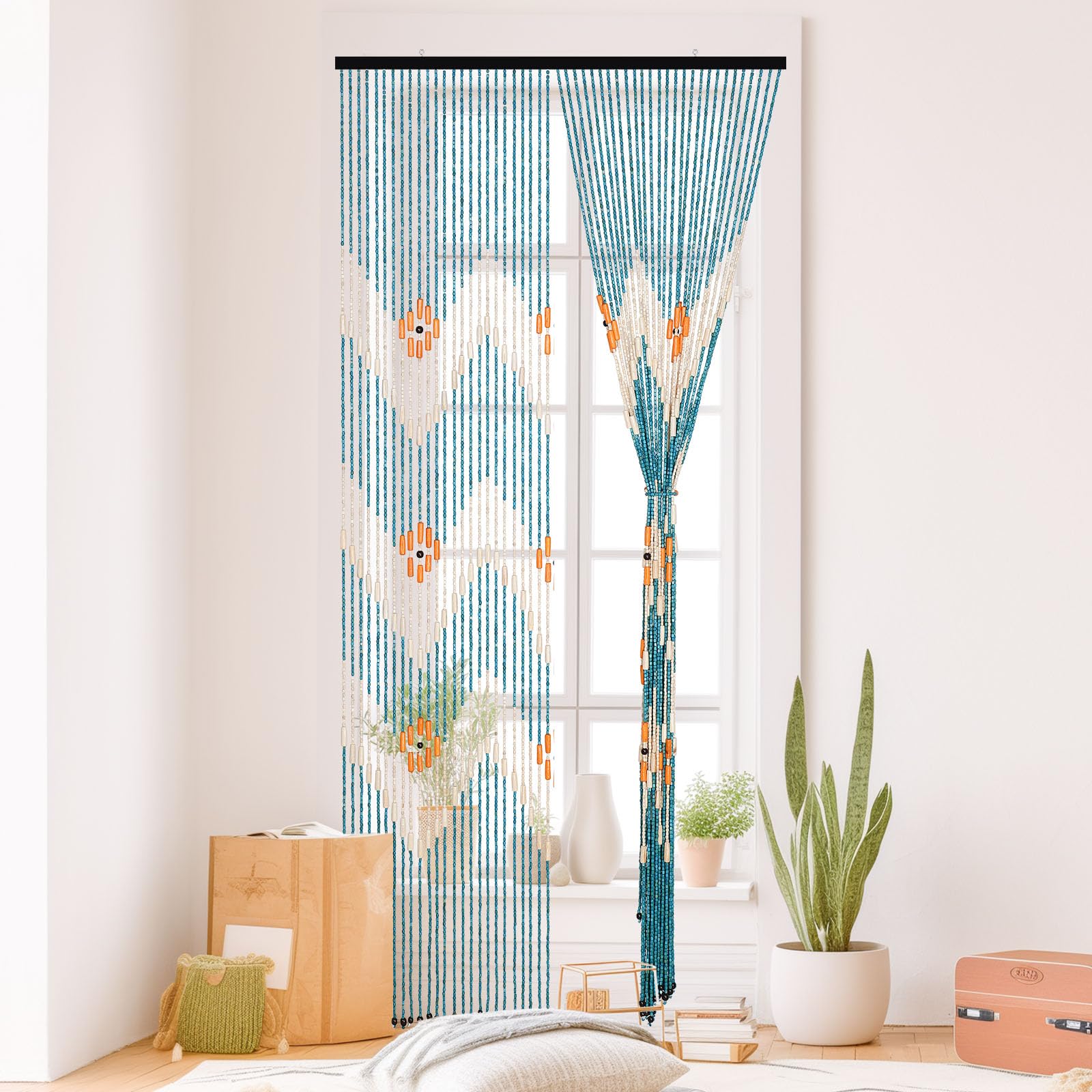BECHAEO Perlenvorhang für Tür, handgefertigt, Bambus, Holztürperlen, hängende Raumteiler, Hippie-Vorhang für Flur, Fenster, Boho, rustikal, Heim-Shop-Dekor, 80 x 190 cm, Blau