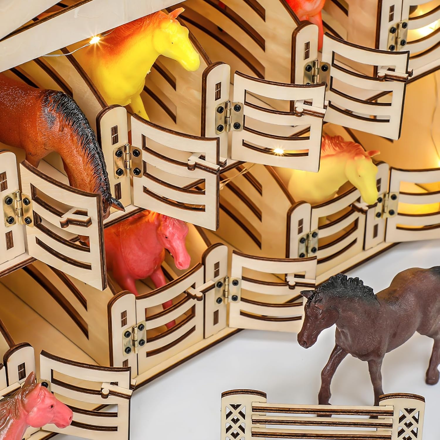 Thyle 30 Pcs DIY Wooden Horse Stable Play Set 12 Plastic Realistic Horse Figure Wall and Sill Stables Fencing Figurine Pretend Play Wooden Barn Gift Toy for Kids Farm World Birthday Party Decoration