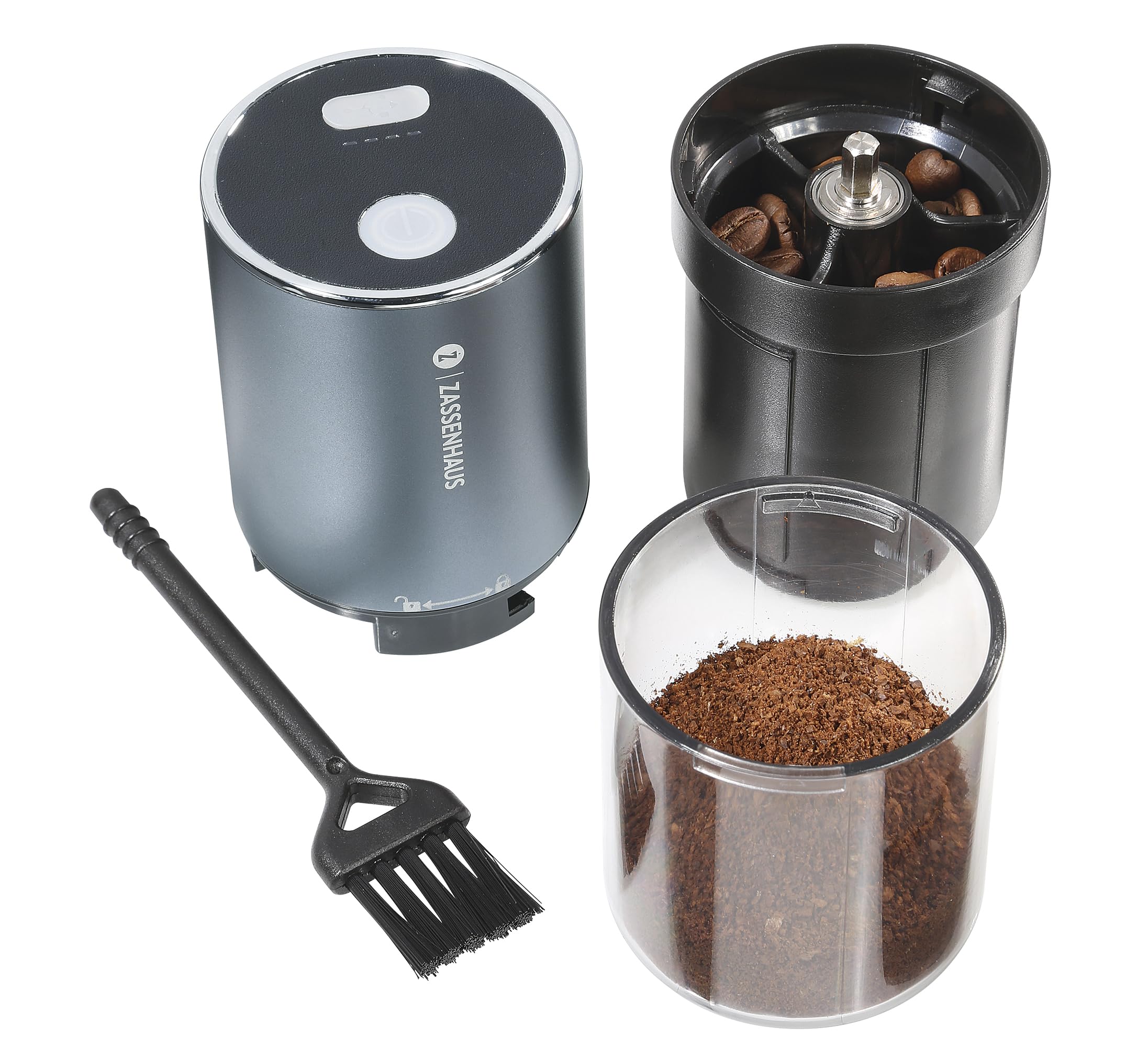 ZASSENHAUS Mini Master USB elektryczny młynek do kawy ze stali nierdzewnej z regulowanym mechanizmem mielącym, młynek do espresso z akumulatorem, szary