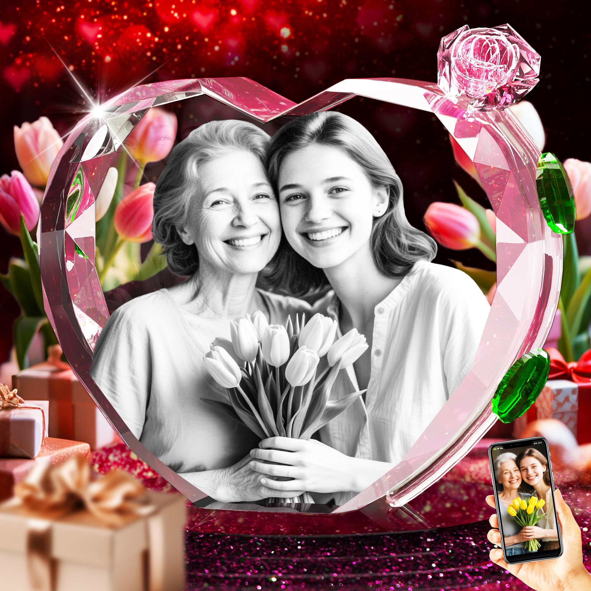 QPCBEBY 3D Crystal Photo with Red Crystal Rose, Personalized Mothers Day Gifts for Mom, Wife, Women, Her, Girlfriend, Couple, Customized Glass Photo,