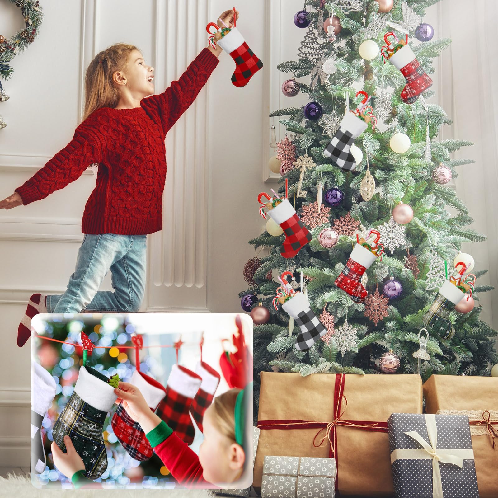 Lot de 24 chaussettes de Noël de 17,8 cm, mini chaussettes classiques à carreaux rouges et verts avec flocons de neige et poignets en polaire pour décoration de Noël familiale, décorations de Noël