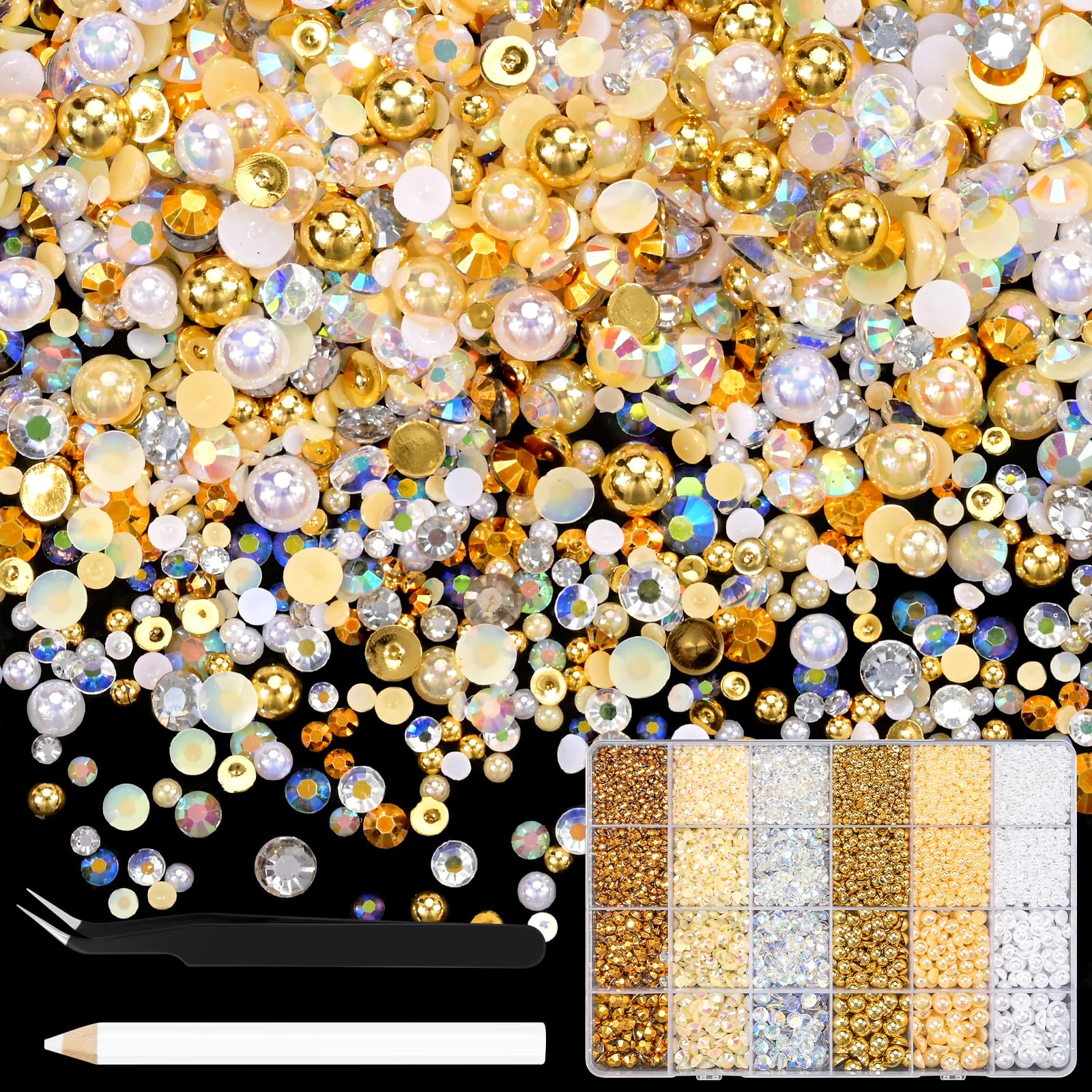 NACHLYNN 10000 Pcs Rhinestones and Pearls 3-8mm Half Pearl Bead Resin Rhinestones Kits Comes with Jewelry Pen and Tweezers Suitable for Nail Art Clothing Handmade DIY Decoration (Champagne)