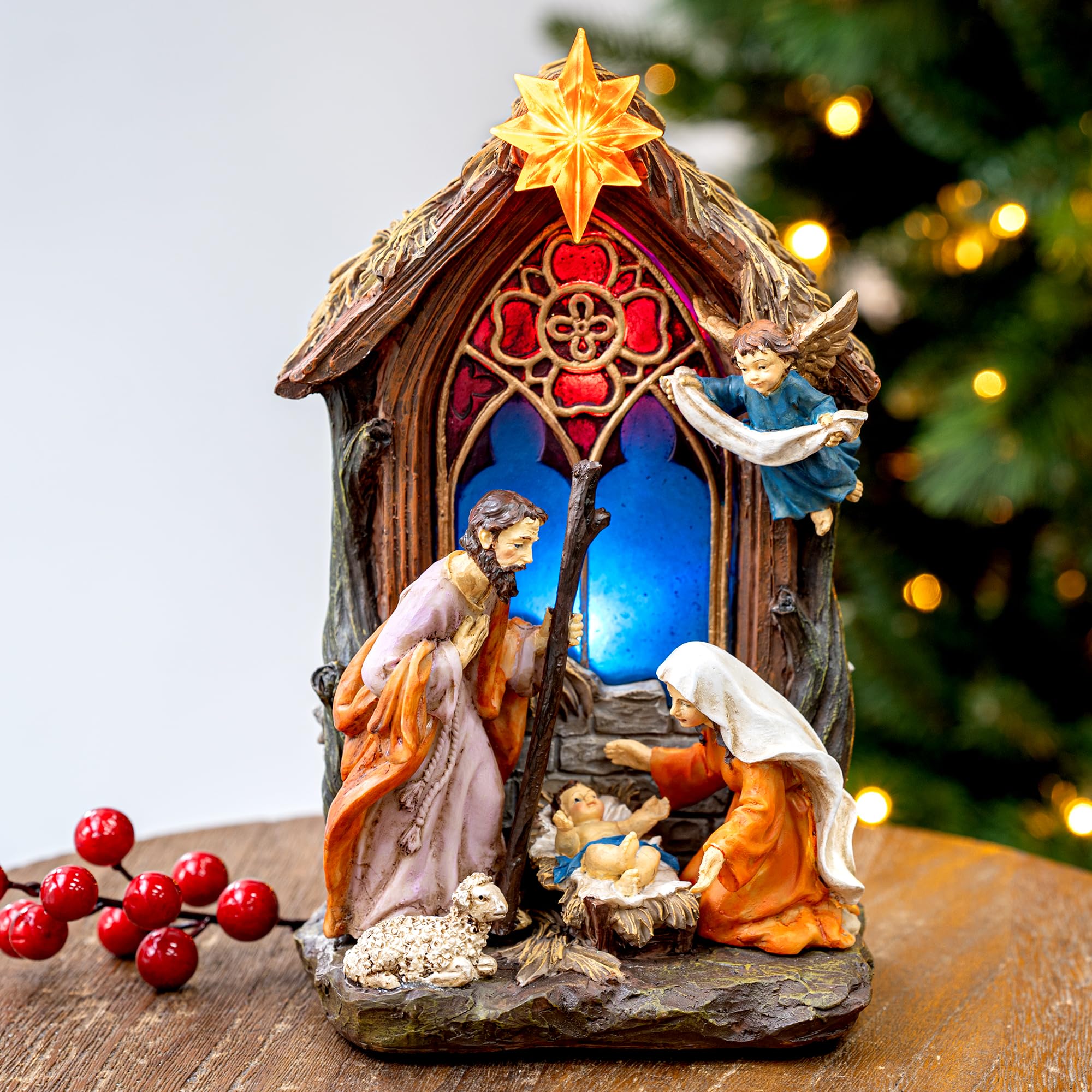 10" Lighted Christmas Nativity Figurines, Resin Stable Nativity Scene Holy Family Collectable Décor, Christmas Tabletop Figure Ornaments, Miniatures Baby Jesus Statue for Tabletop Decor