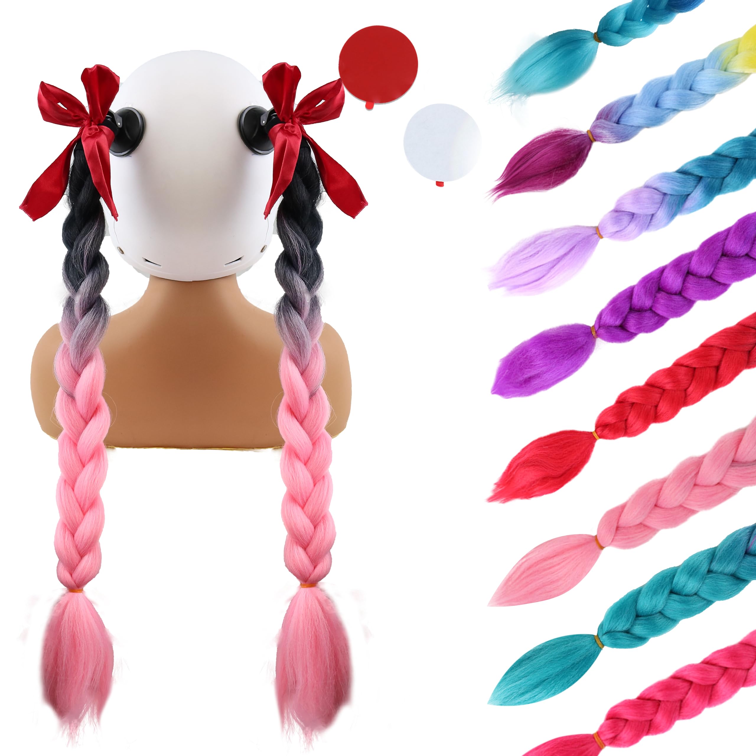 Eaaxup 2 Psc Black Pink Helmet Pigtail with Detachable Suction Cup Motorcycle Helmet Ponytail Bicycle Helmet Braids Hair Tails for Any Helmets