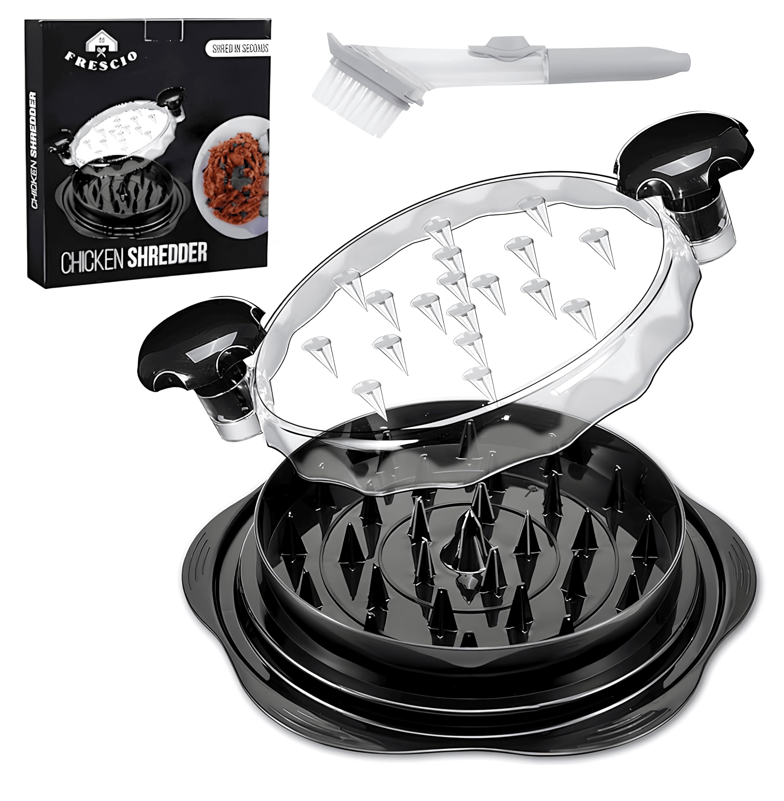 10'' Large Chicken Shredder with Brush - Heavy Duty BPA-Free Meat Shredder Tool, Anti-Slip Base, Ergonomic Handle & Transparent Lid - Dishwasher Safe for Chicken, Beef, Pork, Pulled Pork & Pet Food