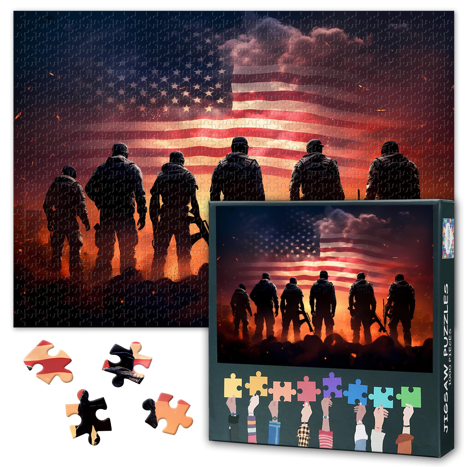 Puzzles for Adults 1000 Pieces, American Soldier Military Jigsaw Puzzles, Group of Soldiers with American Flag Adult Puzzle for Adults, Educational Fun Games or Toys for Elders Friends 20X27 INCH