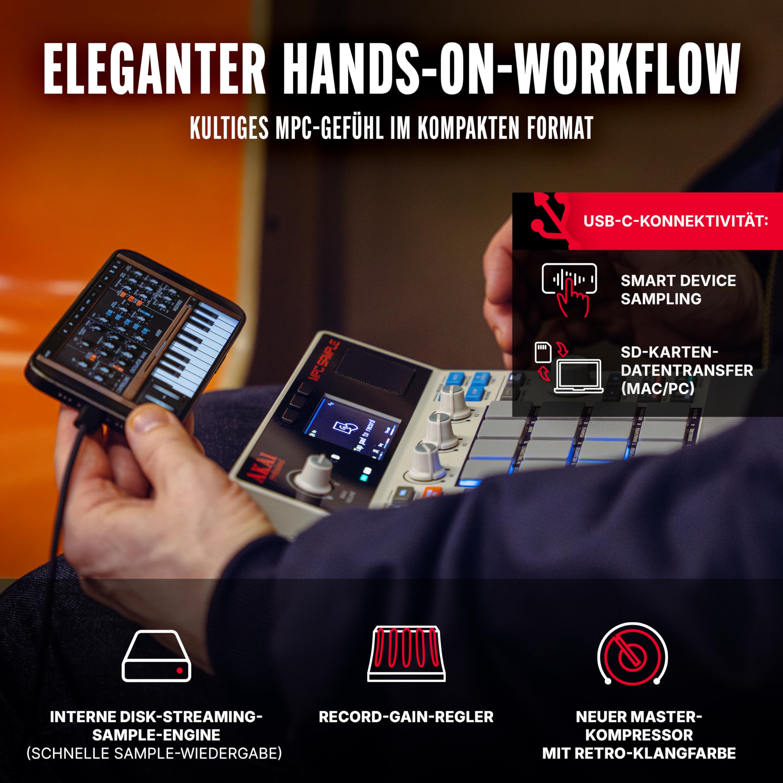 Akai Professional MPC Sample - Standalone Portable Sampler, Sequenzer und Effektprozessor mit Akku, USB-C, integriertem Lautsprecher und Mikrofon