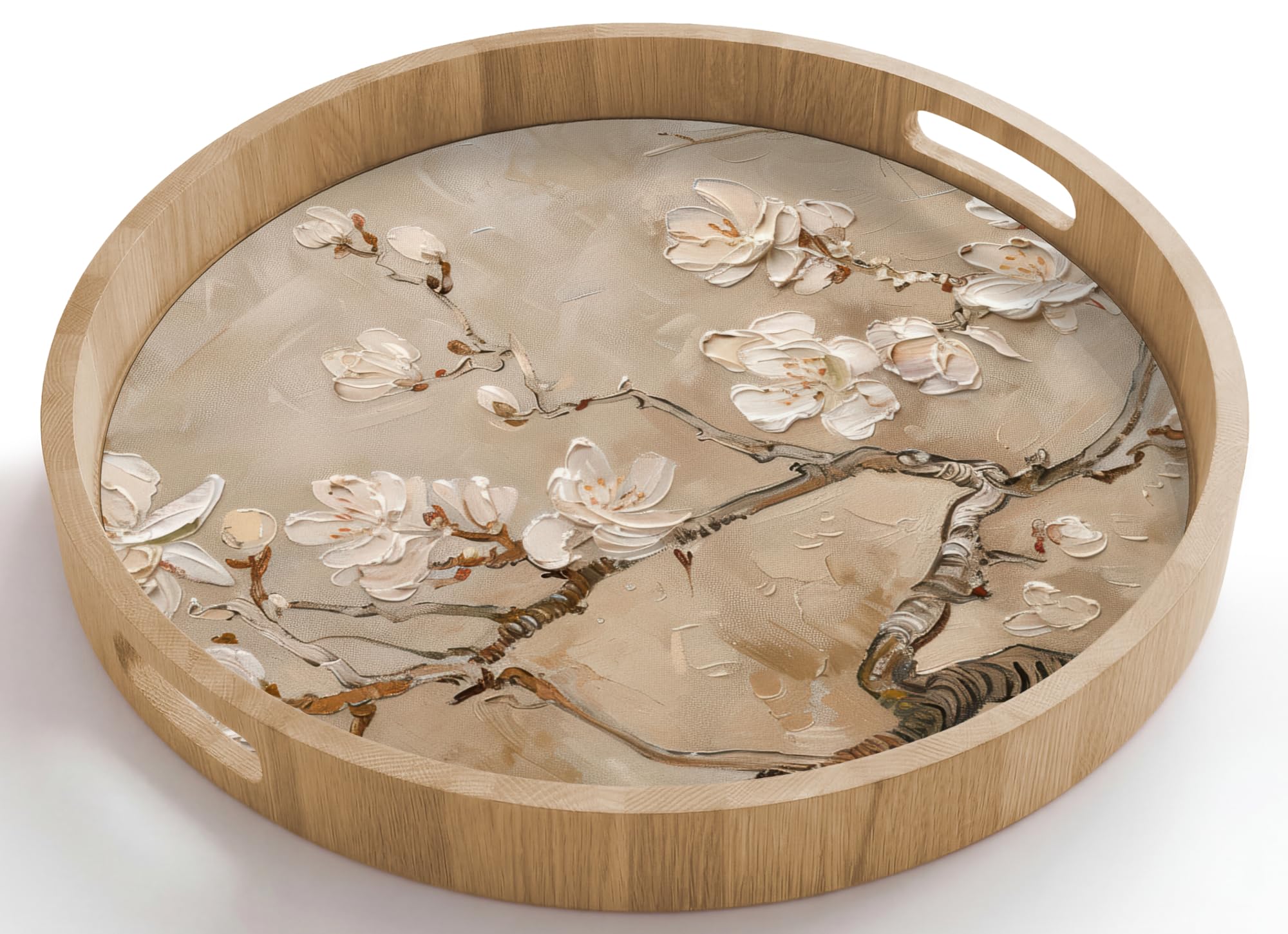 Bandeja Madera De Roble Redonda 50x50 cm Bandejas Desayuno para Servir Comida Cocina Resistente Al Calor Cafe Tray Tabuleiro Flores - Moderno - Beige - Blanco - Blossom
