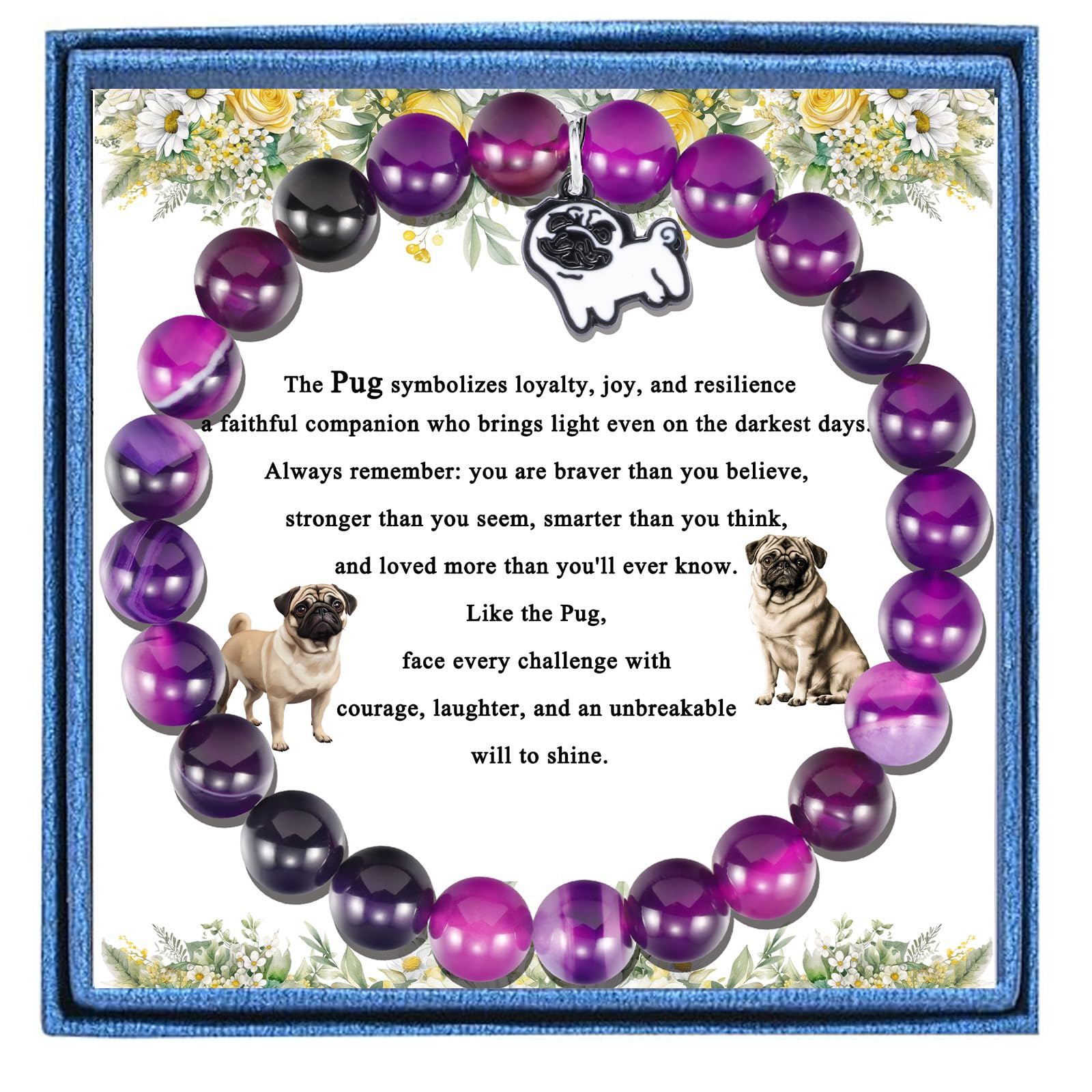 LIUANAN Pug Charm Amethyst Bracelet for Women Natural Amethyst Crystal Jewelry for Animal Lovers Inspirational Birthday Gift for Daughter Niece Friend