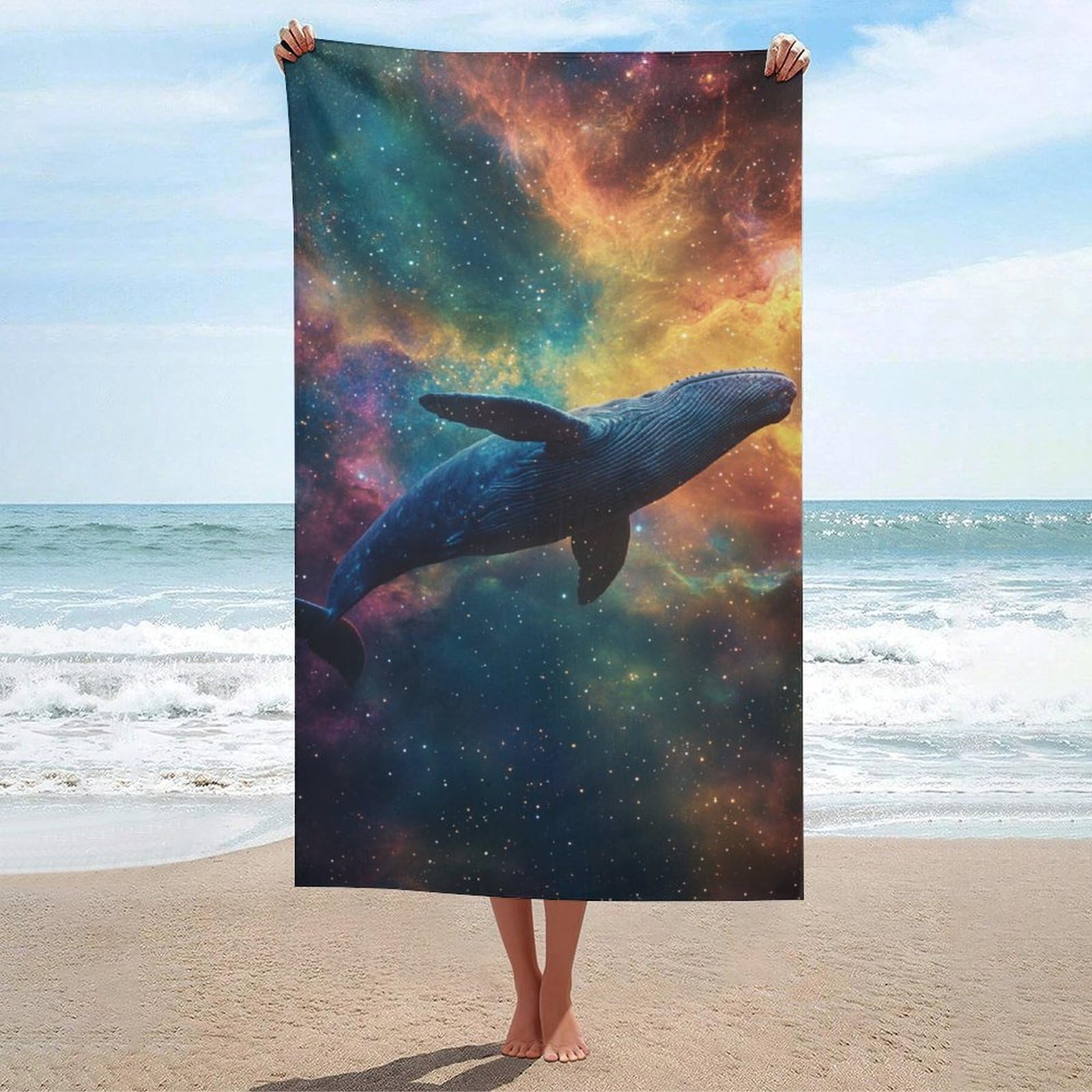 Serviette de plage à séchage rapide Whale in Space 130x80 cm sans sable