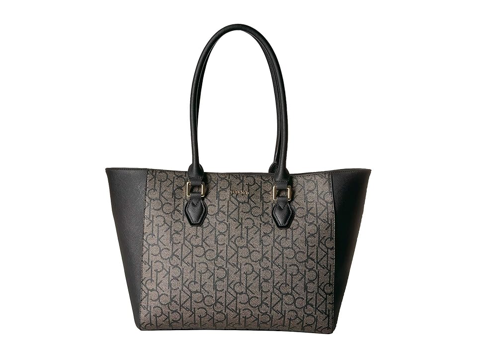 

Calvin Klein Hudson Monogram Tote (Textured Khaki/Black/Black Saffiano) Tote Handbags